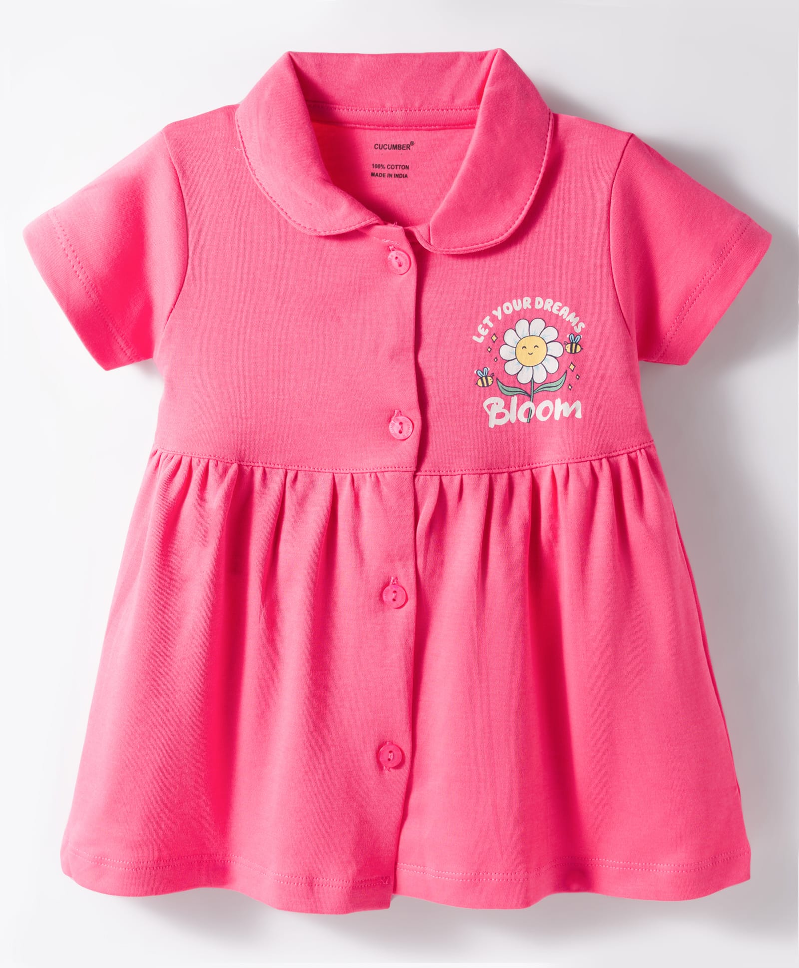CUCUMBER Cotton Knit Half Sleeves Flared Frock with Floral & Text Print - Pink-picture-25