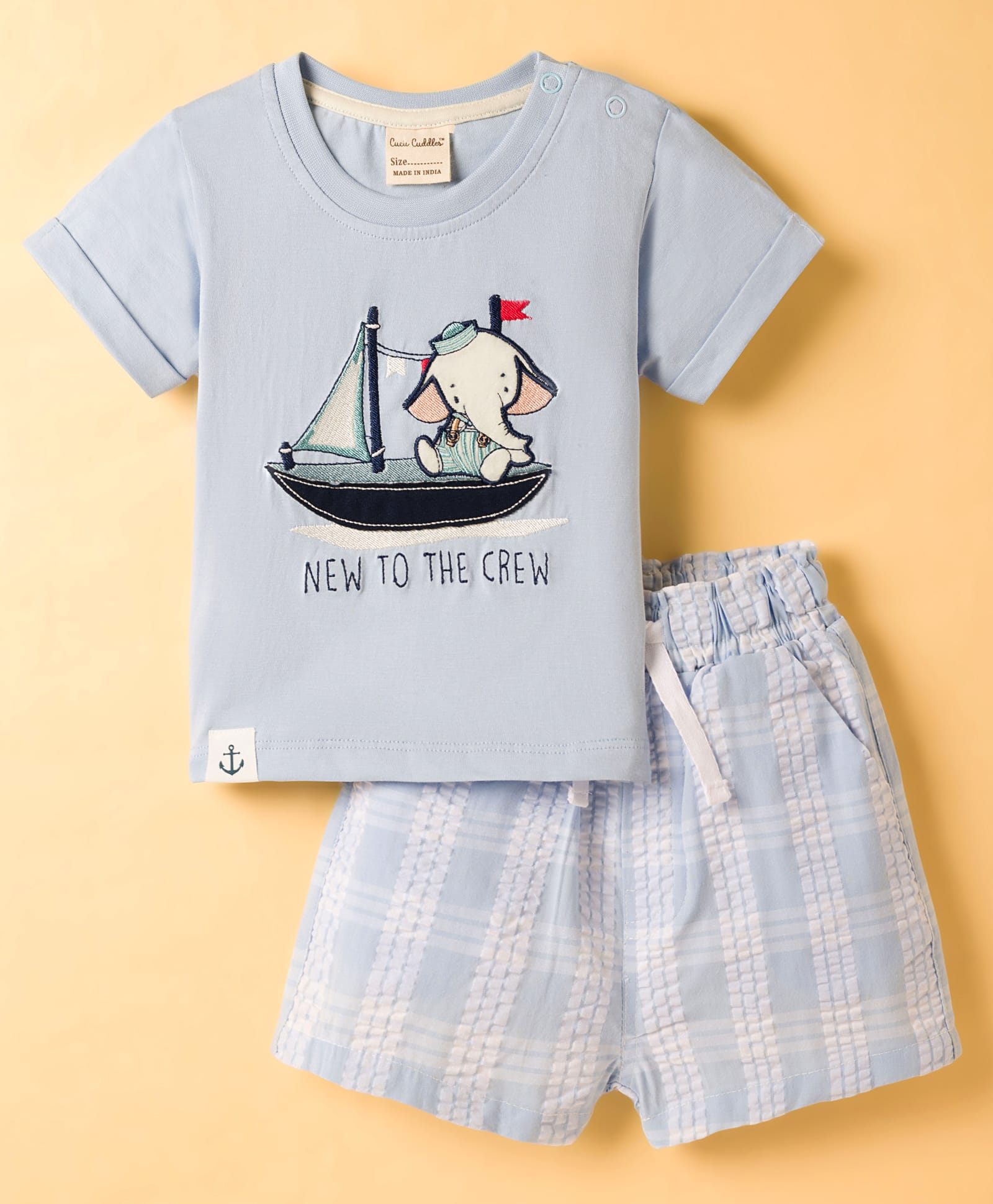 CUCUMBER Knit Half Sleeves T-Shirt & Shorts Set With Elephant & Boat Embroidery - Light Blue-image-26
