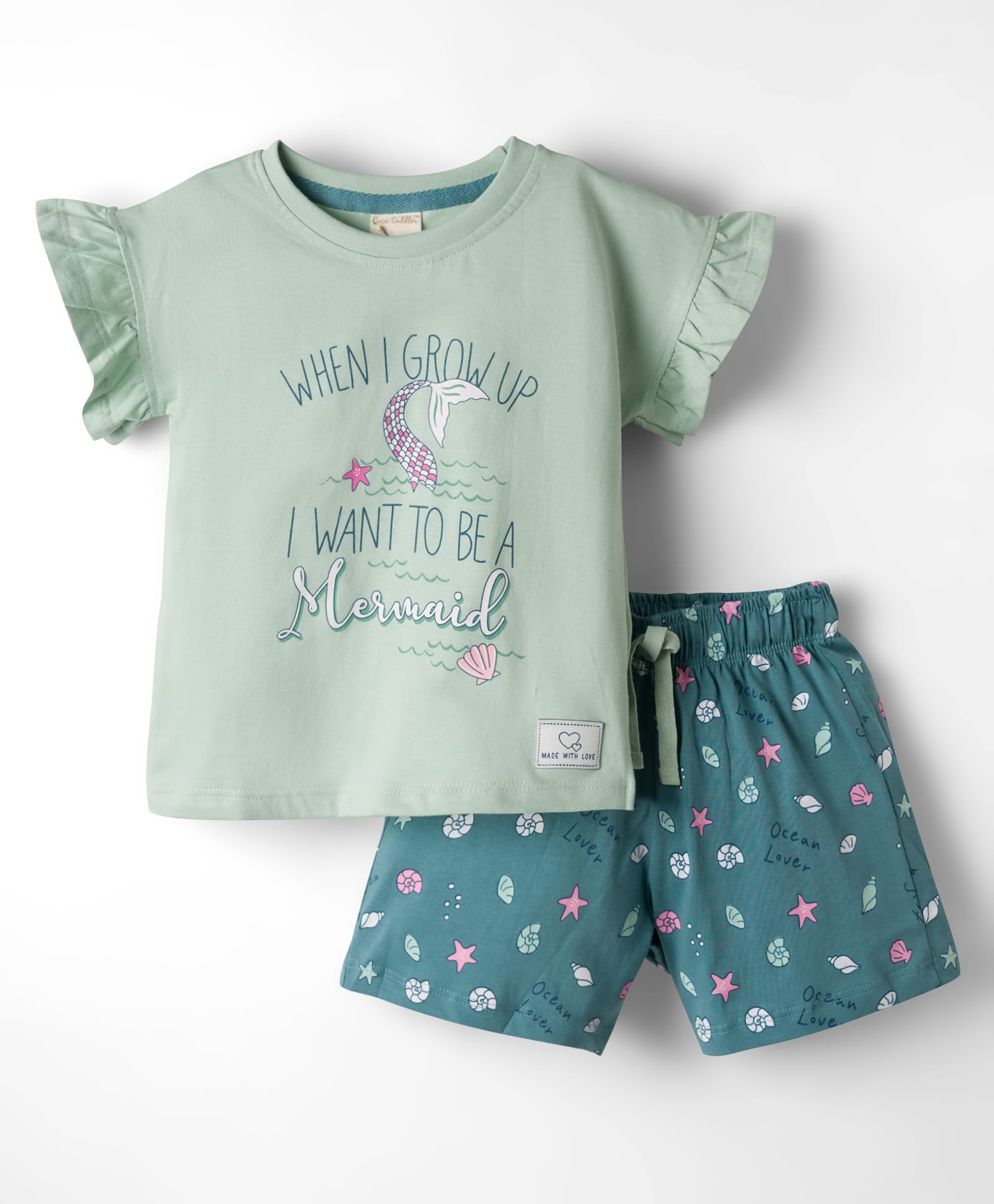 CUCUMBER Knitted Half Sleeves Text & Sea Life Theme Printed T-Shirt with Frill Detailing & Short Night Suit - Sea Green-image-34