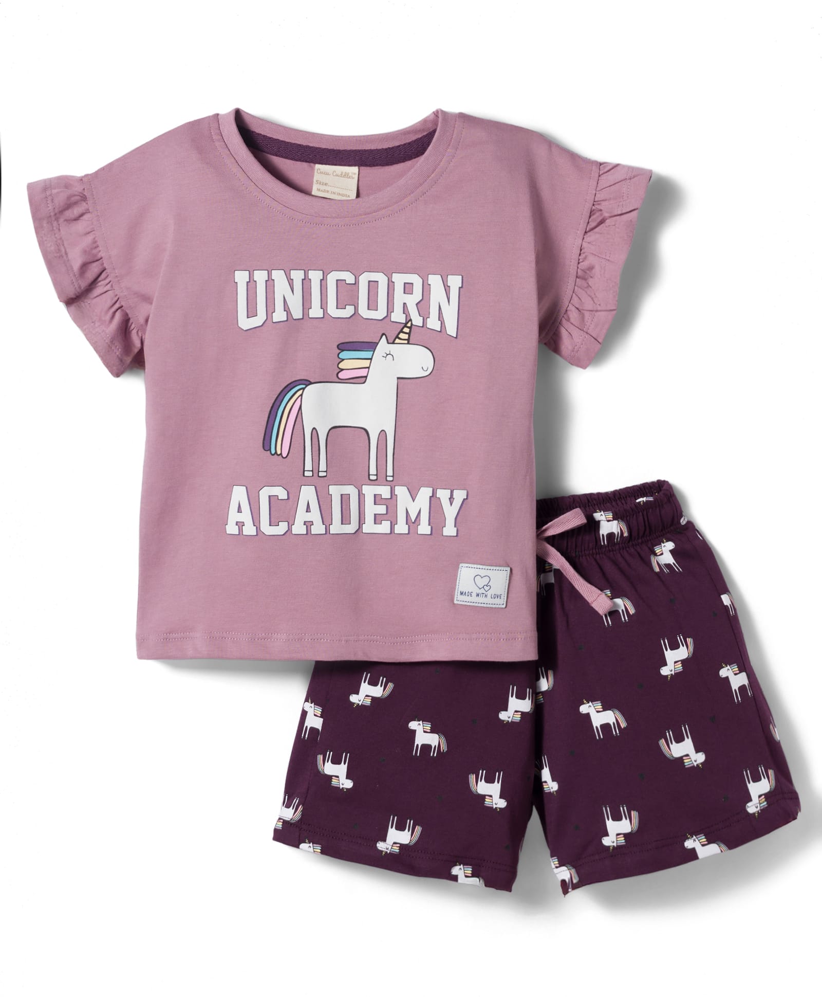 CUCUMBER Knitted Half Frill Sleeves T-Shirt & Shorts Night Suit with Unicorn Print - Multicolor-picture-28