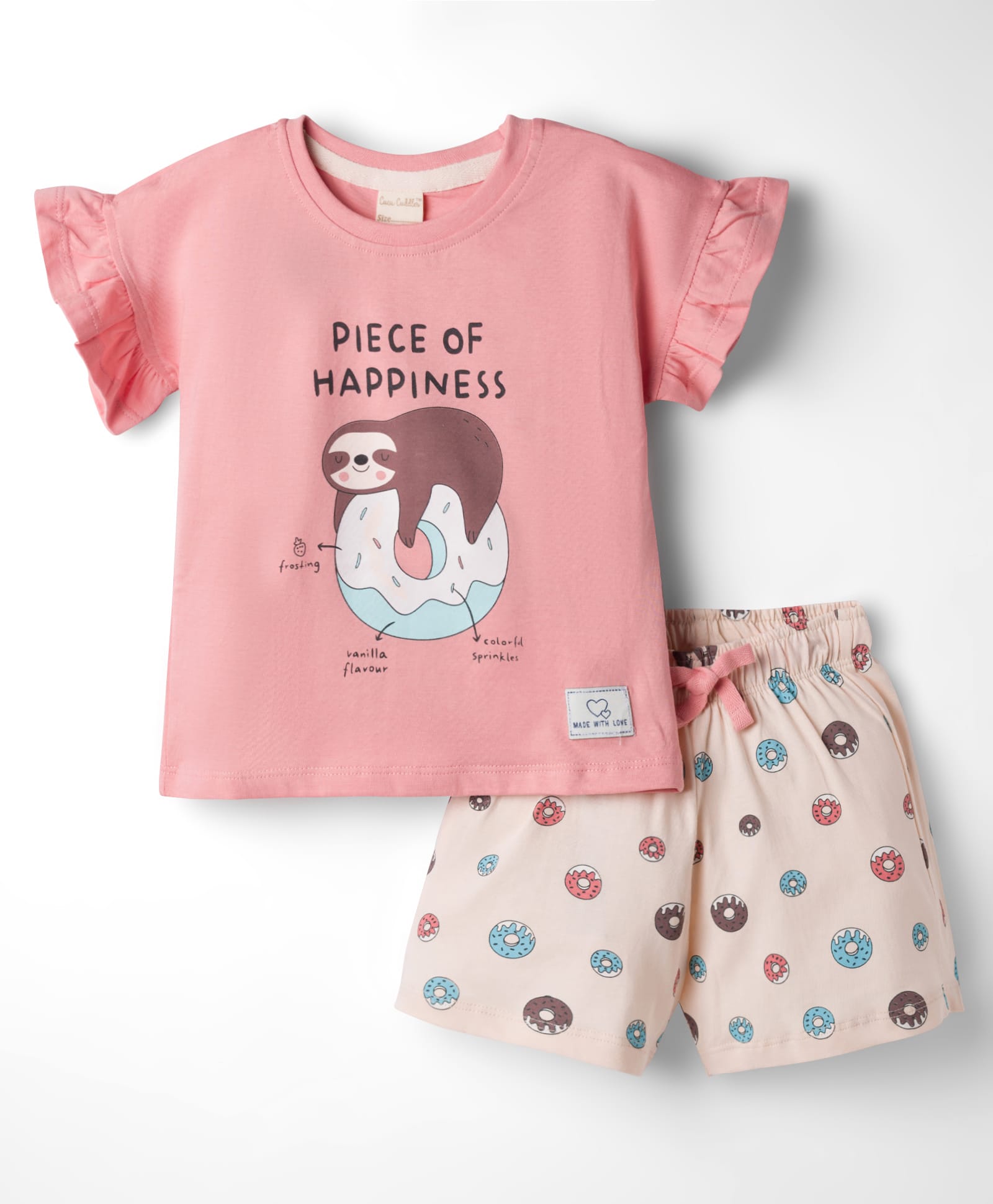 CUCUMBER Knit Half Sleeves T-Shirt & Shorts Night Suit With Sloth Print - Peach-image-2