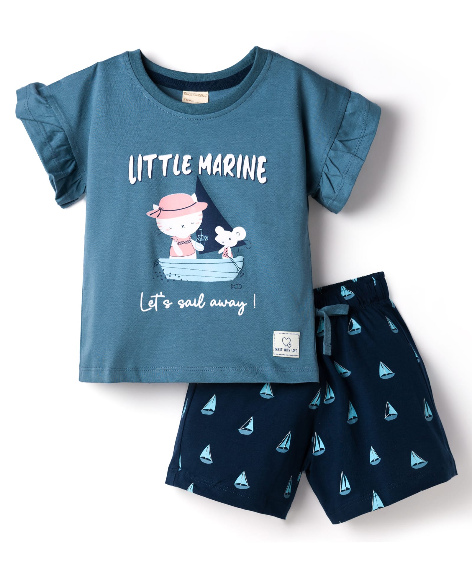 CUCUMBER Knit Half Sleeves T-Shirt & Shorts Night Suit With Cat Print - Teal Blue-image-35