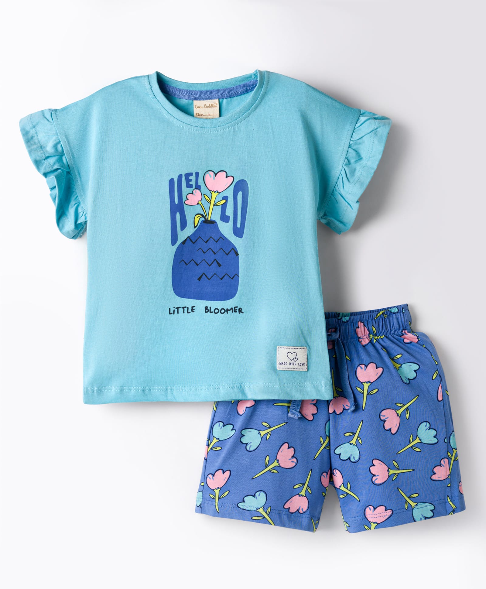 CUCUMBER Knit Half Sleeves T-Shirt & Short Night Suit With Floral Print - Light Blue-image-41