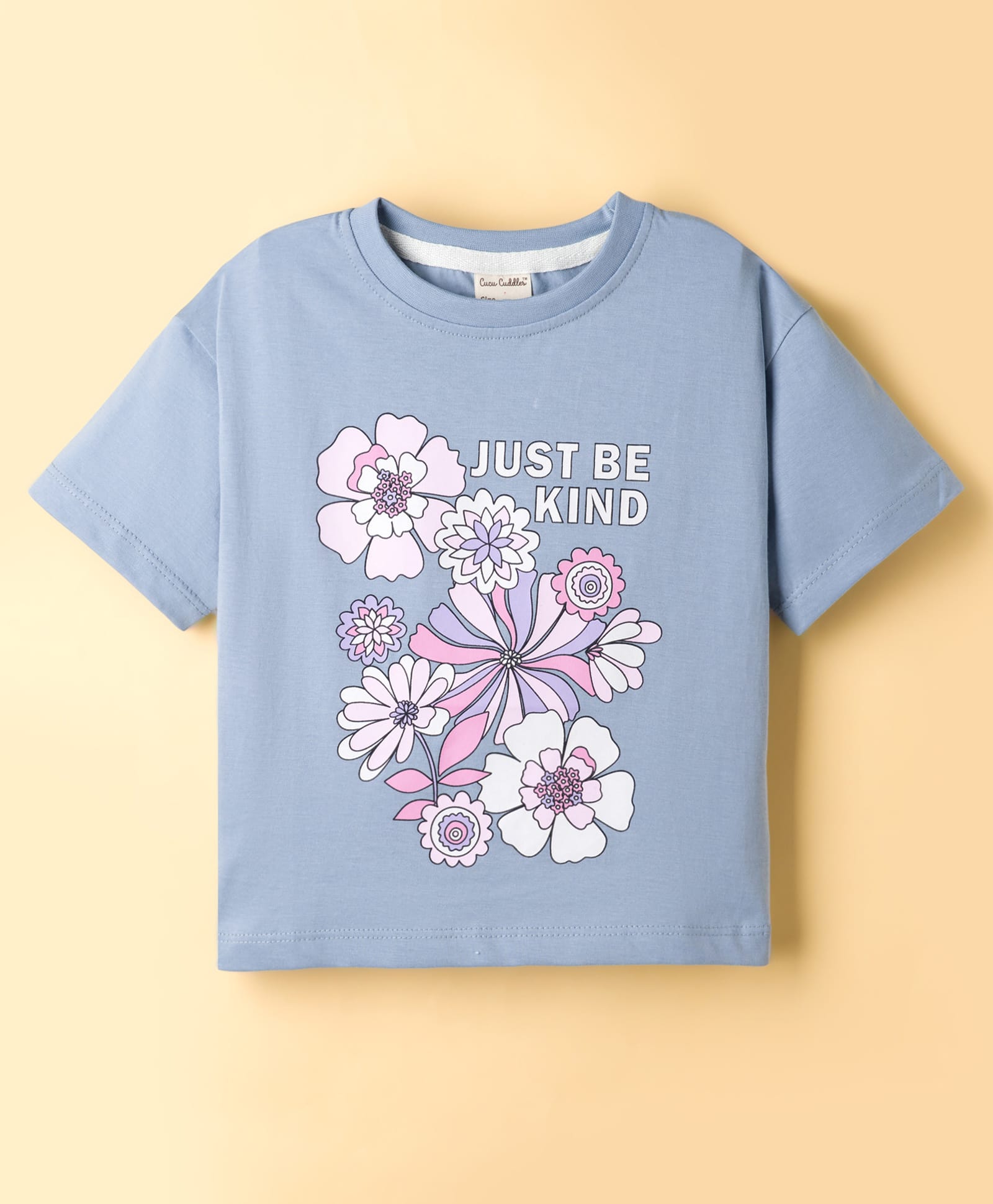 CUCUMBER Sinker Knit Half Sleeves Text & Floral Printed Top - Light Blue-picture-17