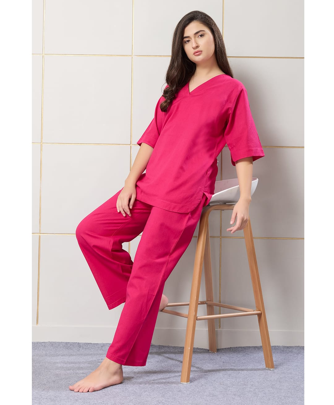 Piu Cotton Woven Half Sleeves Solid Maternity Night Suit Set - Pink-image-41