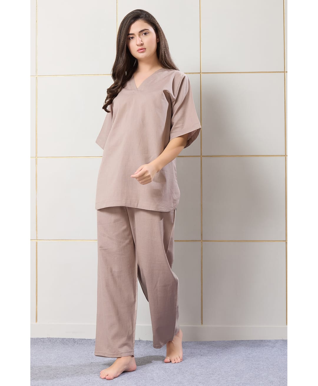 Piu Cotton Woven Half Sleeves Solid Maternity Night Suit Set - Brown-image-22