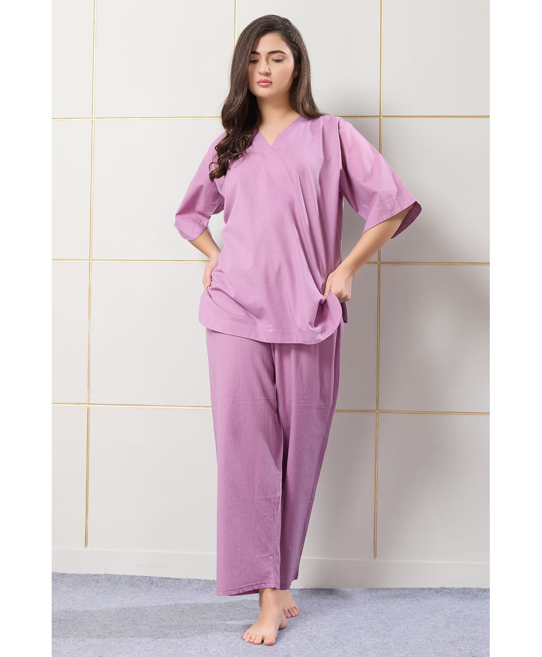Piu Cotton Woven Half Sleeves Solid Maternity Night Suit Set - Pink-image-44