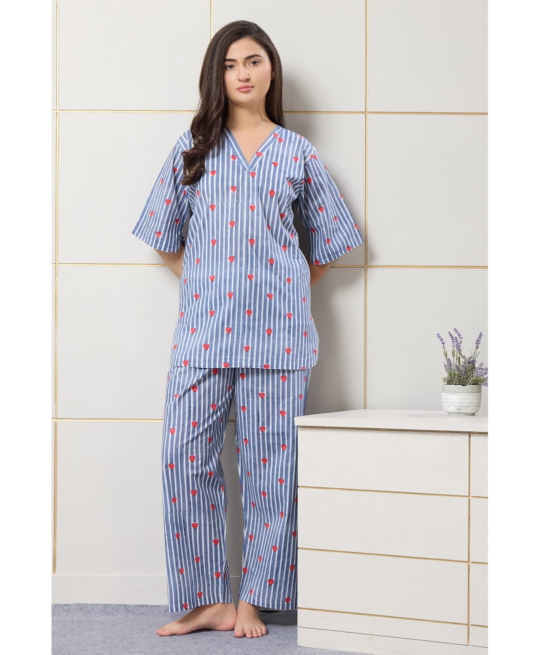 Piu Cotton Woven Half Sleeves Stripes & Hearts Printed Coordinating Maternity Night Suit Set - Blue-picture-29