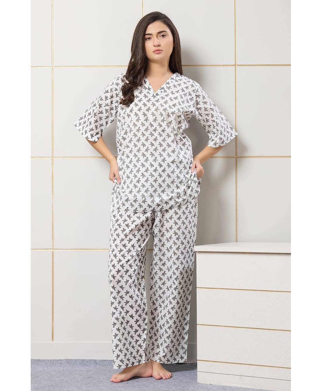 Piu Cotton Woven Half Sleeves Birds Printed Coordinating Maternity Night Suit Set - White-picture-12
