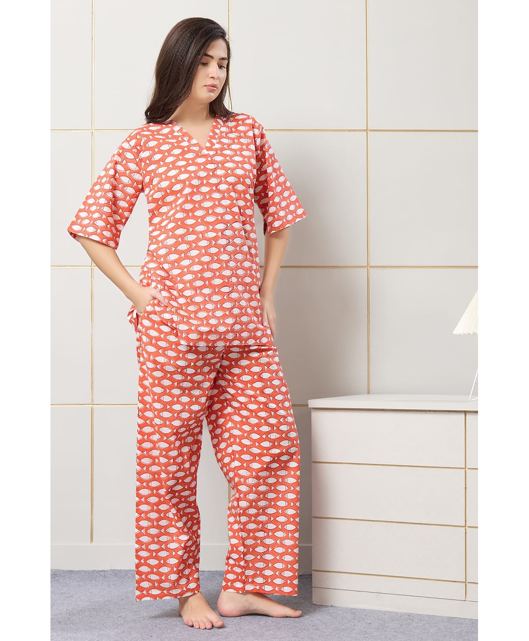 Piu Cotton Woven Half Sleeves Fish Printed Coordinating Maternity Night Suit Set - Orange-picture-30