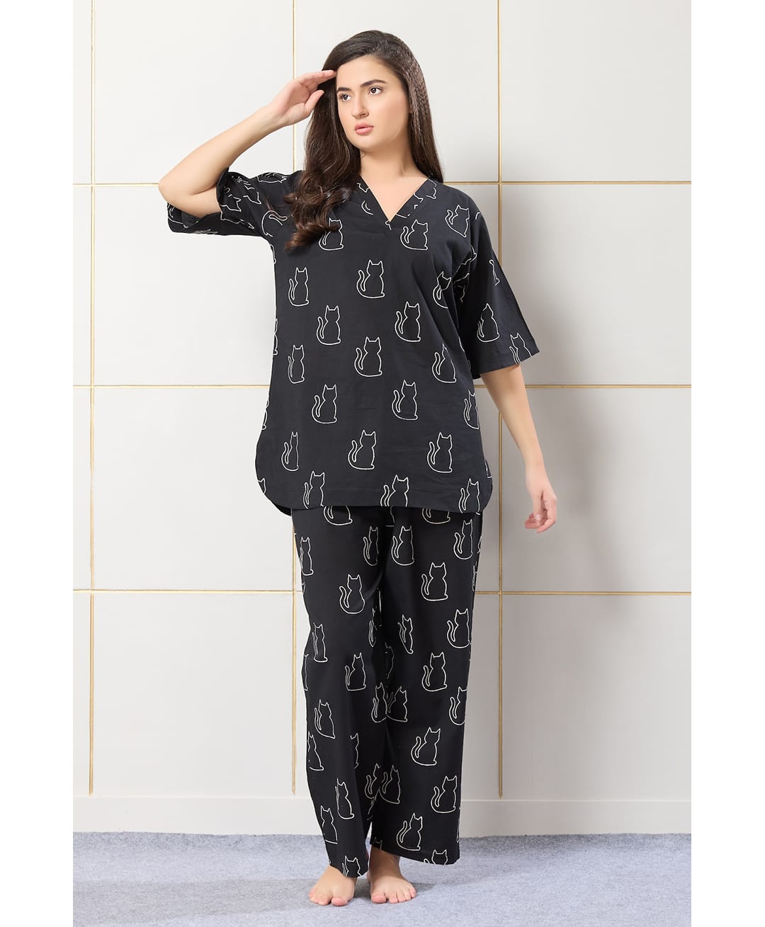 Piu Cotton Woven Half Sleeves Cats Printed Coordinating Maternity Night Suit Set - Black-picture-49