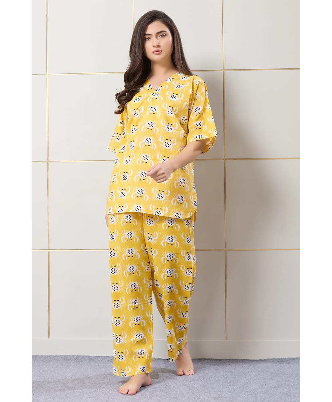 Piu Cotton Woven Half Sleeves Crab Printed Coordinating Maternity Night Suit Set - Yellow-picture-13