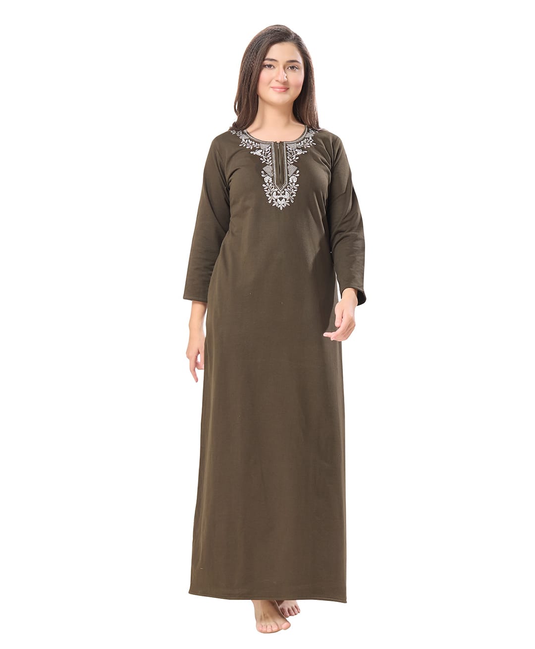 Piu PolyCotton Knit Full Sleeves Solid Embroiered Nighty With Front Zipper Nursing Access - Green-picture-46
