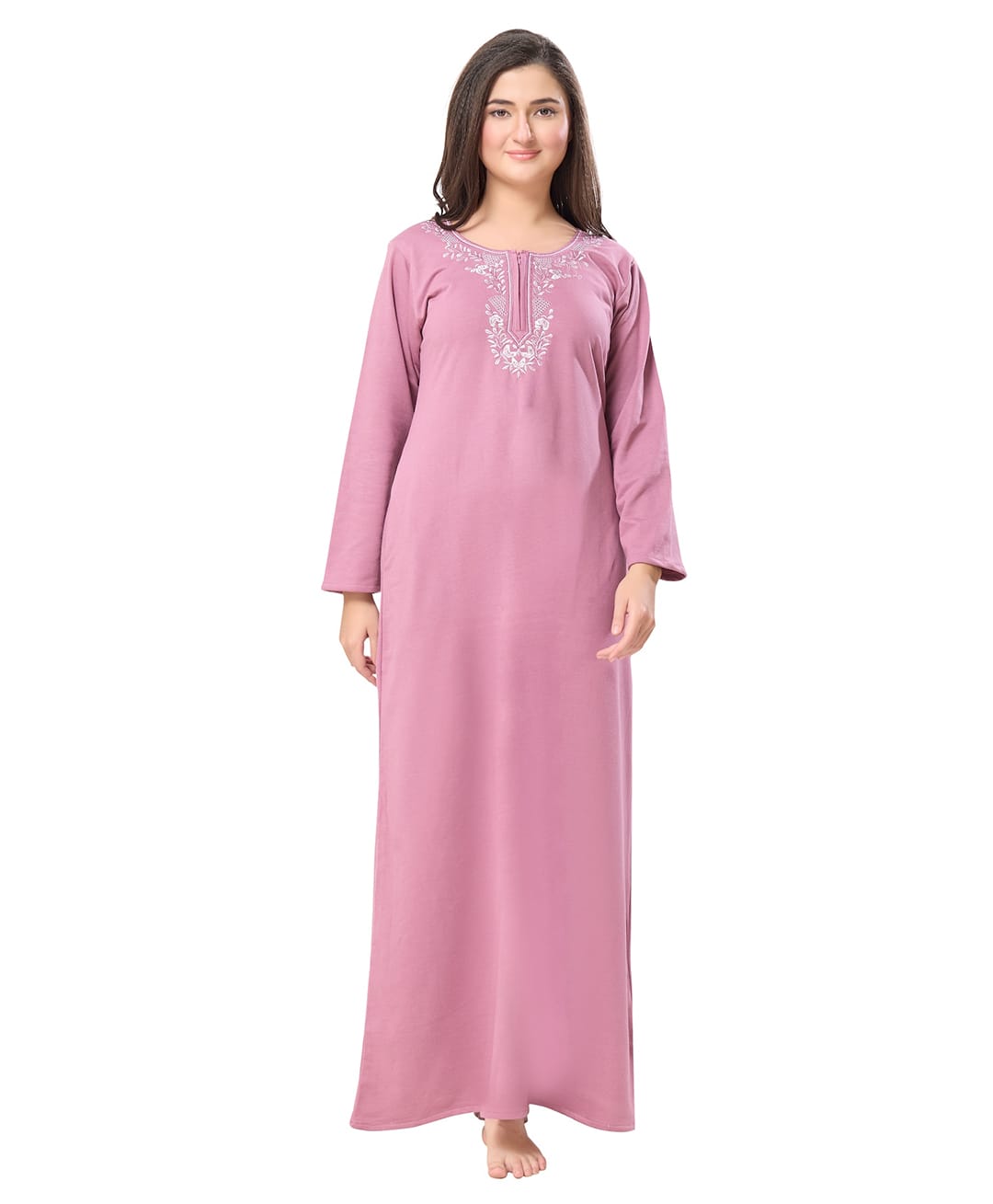 Piu PolyCotton Knit Full Sleeves Solid Embroiered Nighty With Front Zipper Nursing Access - Pink-picture-44