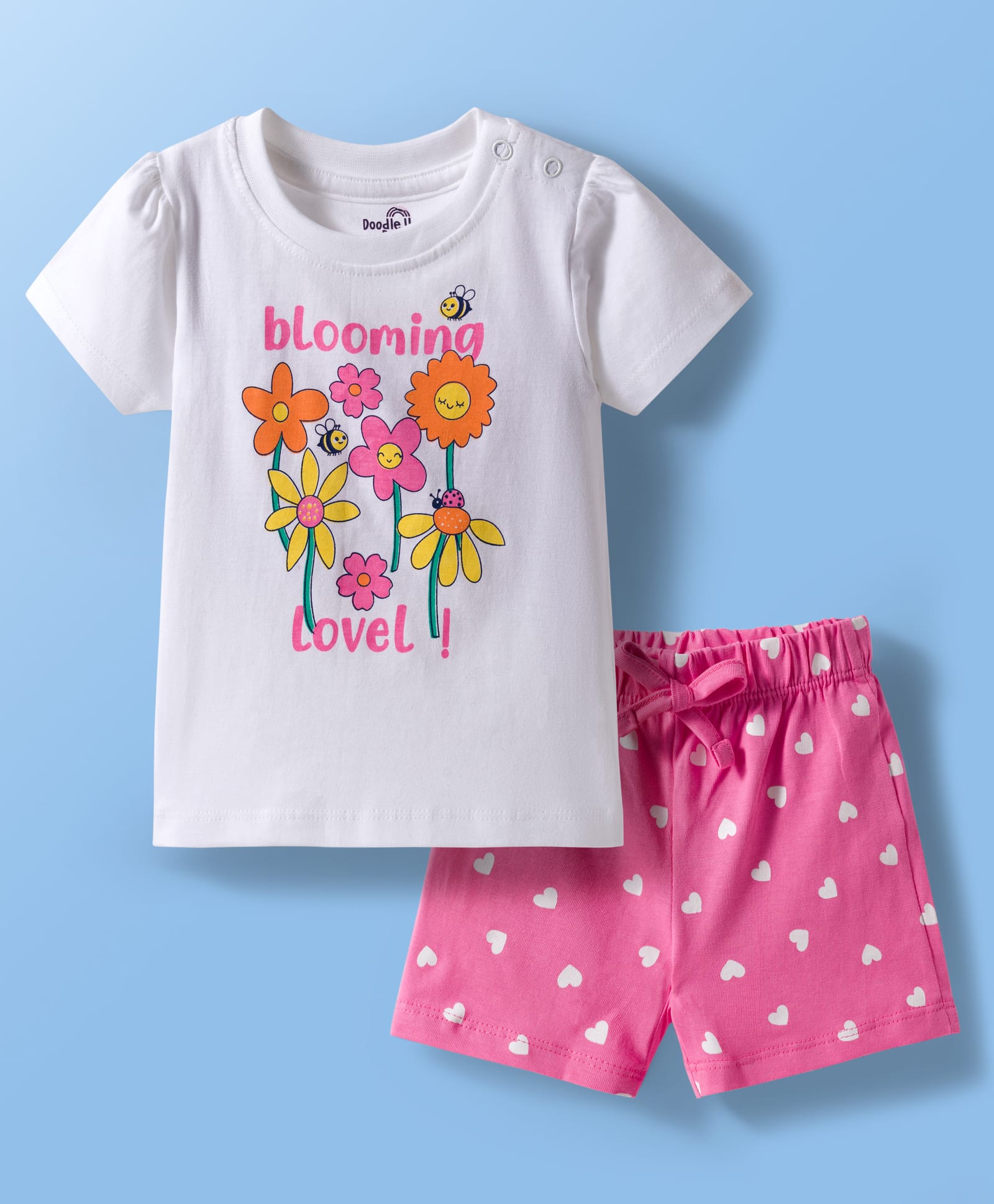 Doodle Poodle 100% Cotton Knit Half Sleeves T-Shirt & Shorts Night Suit With Floral & Heart Print - White & Pink-picture-12