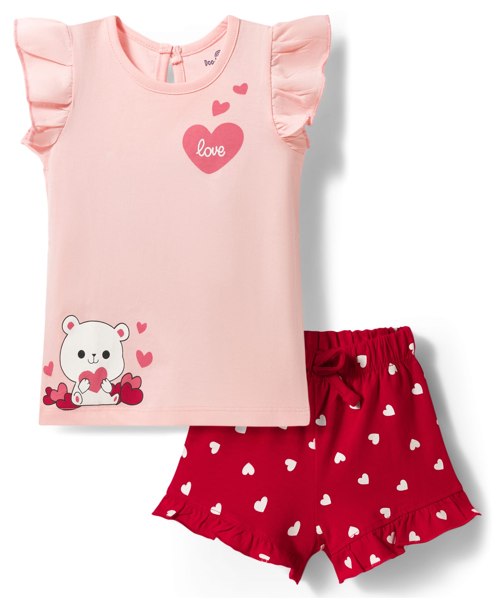 Doddle Poodle 100% Cotton Single Jersey Knit Sleeveless T-Shirt & Shorts Night Suit With Heart & Teddy Print - Pink & Red-image-29