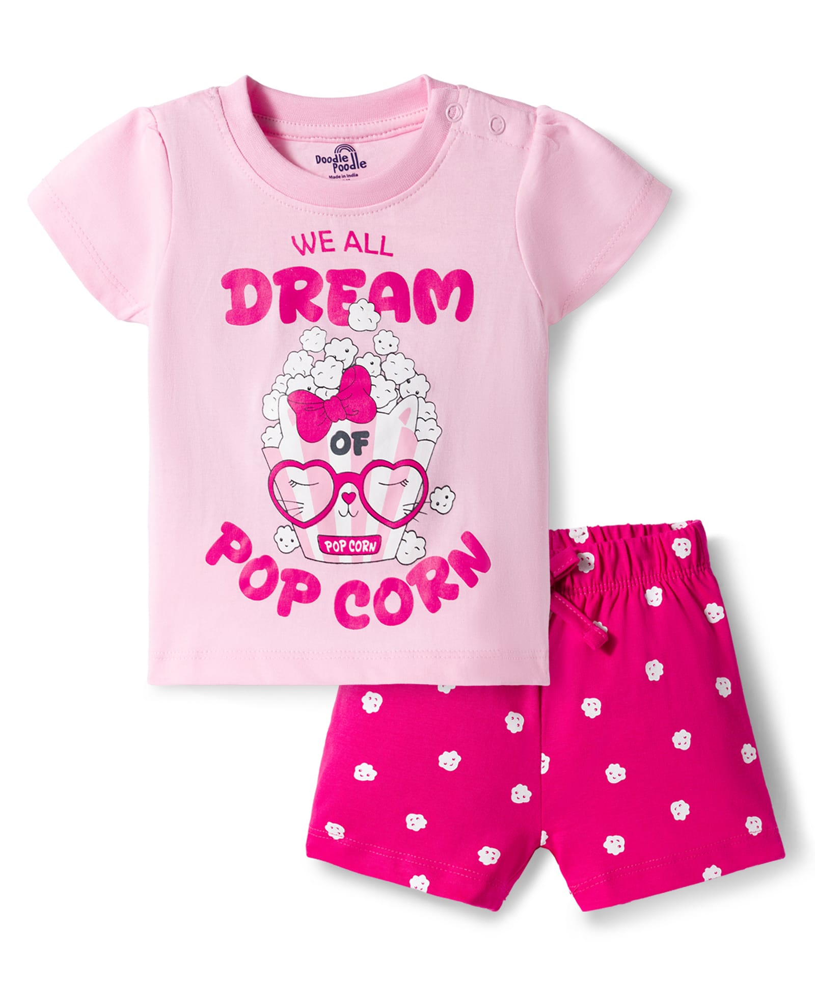 Doodle Poodle 100% Cotton Single Jersey Knit Half Sleeves T-Shirt & Shorts Night-Suit With Popcorn Print - Pink-image-18