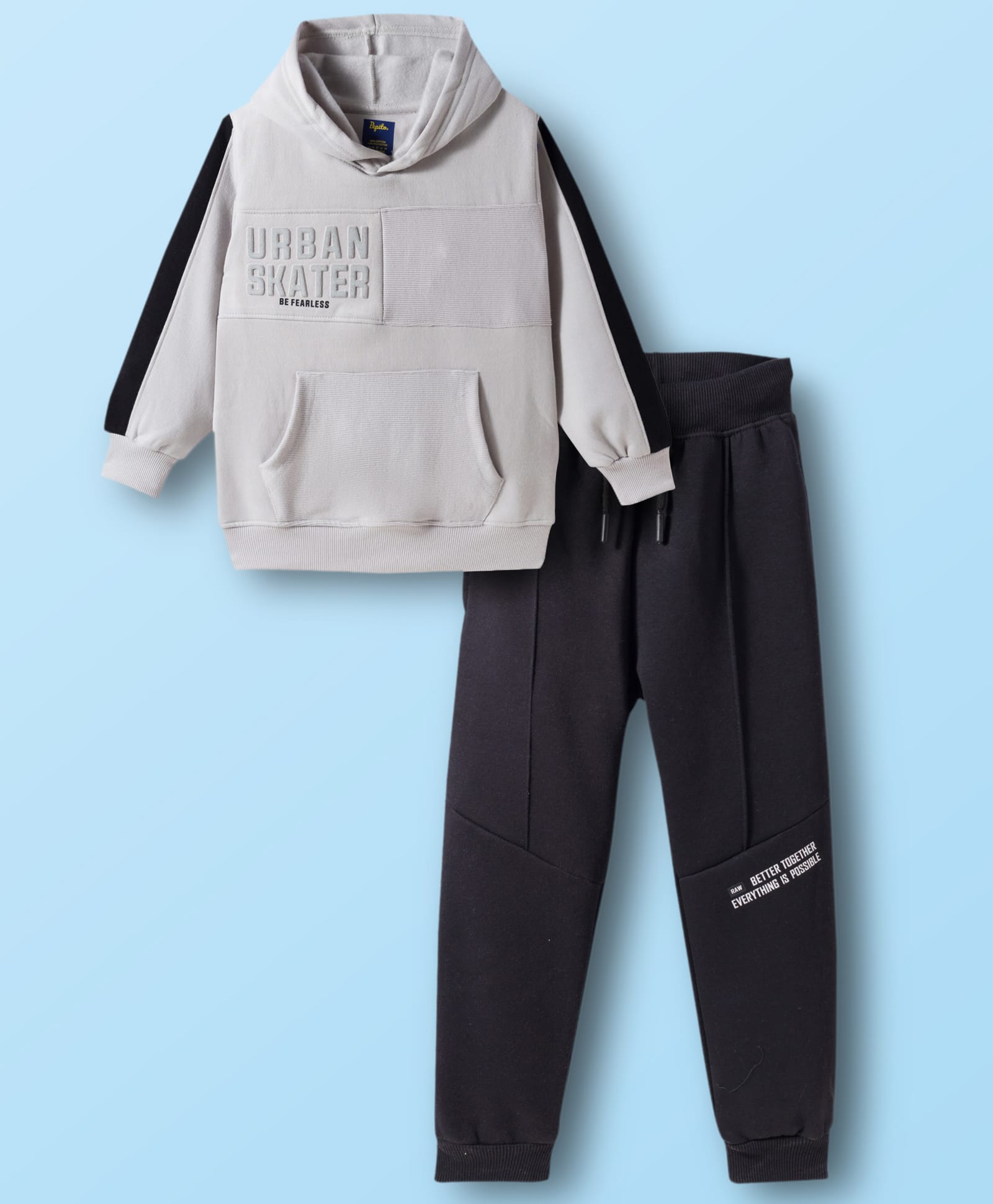 Pepito Fleece Knit Full Sleeves Winter Wear Hooded Sweatshirt & Lounge Pant Set With Text Print - Light Grey & Black-picture-15