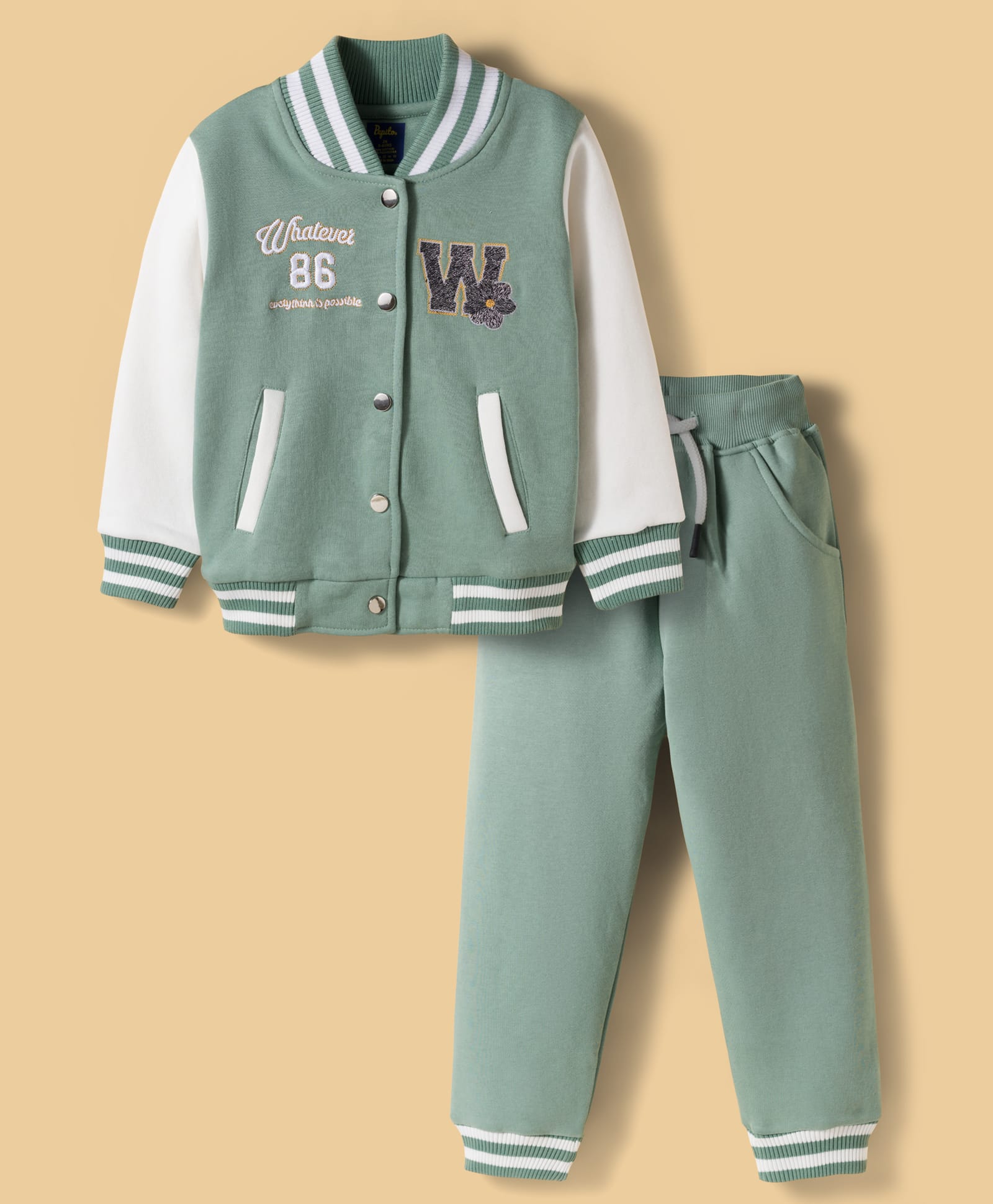 Pepito Fleece Knit Full Sleeves Winter Wear Suit with Text Embroidery - Pale Green-picture-33