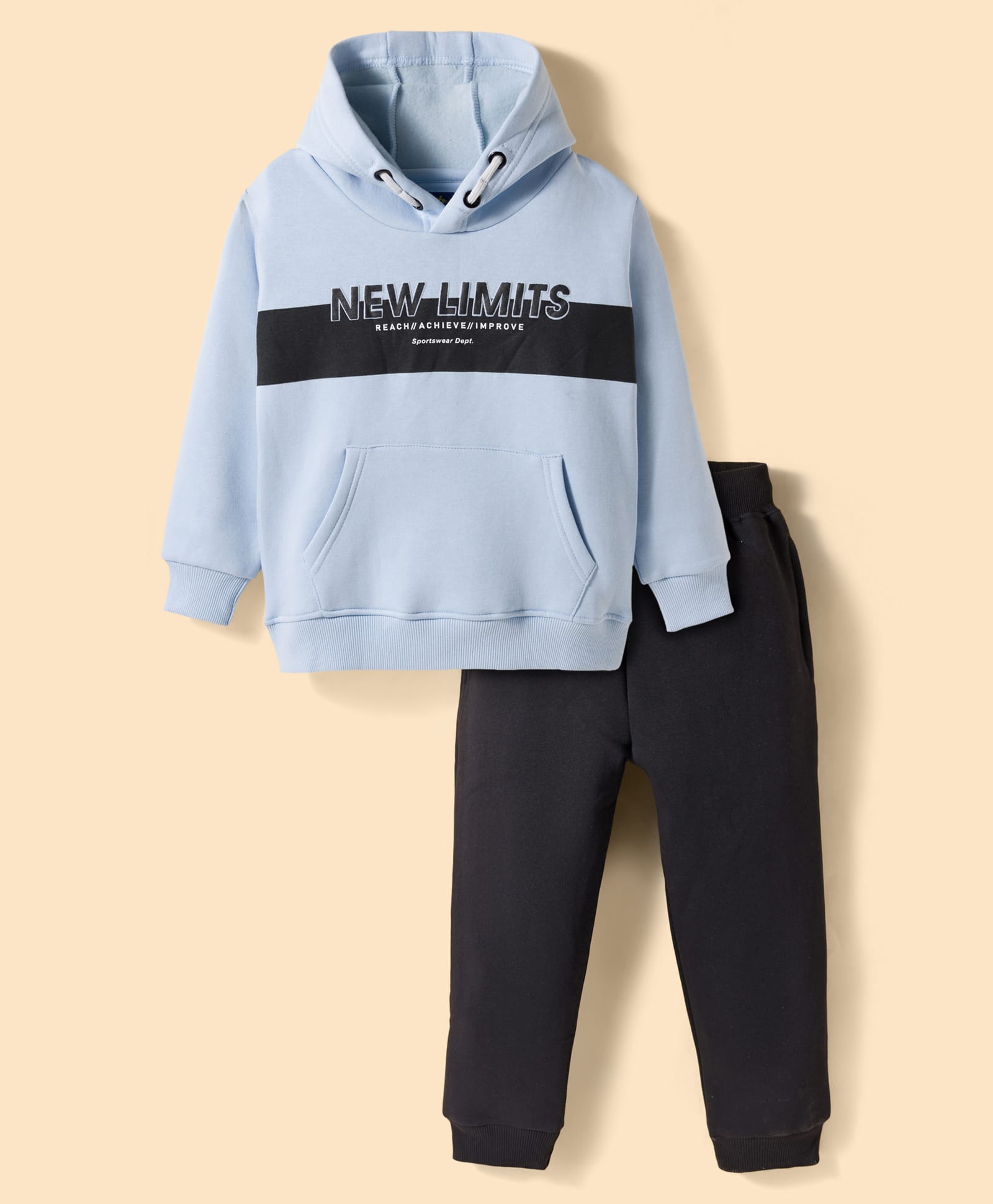Pepito Fleece Knit Full Sleeves Winter Wear Hooded Sweatshirt & Lounge Pant Set With Text Print - Light Blue & Black-image-43