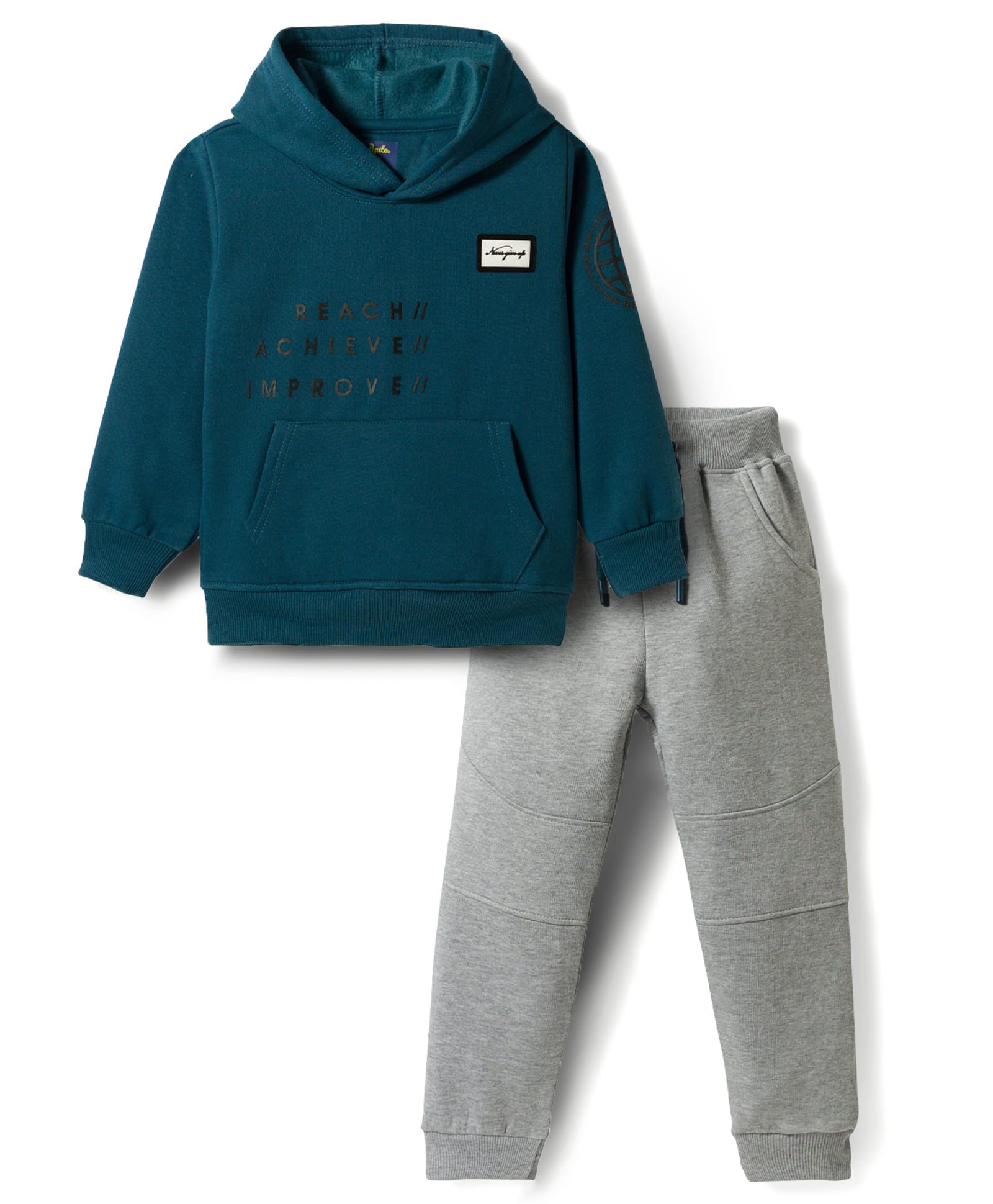 Pepito Fleece Knit Full Sleeves Winter Wear Solid Hooded Sweatshirt & Lounge Pant Set - Teal Blue & Grey-image-10
