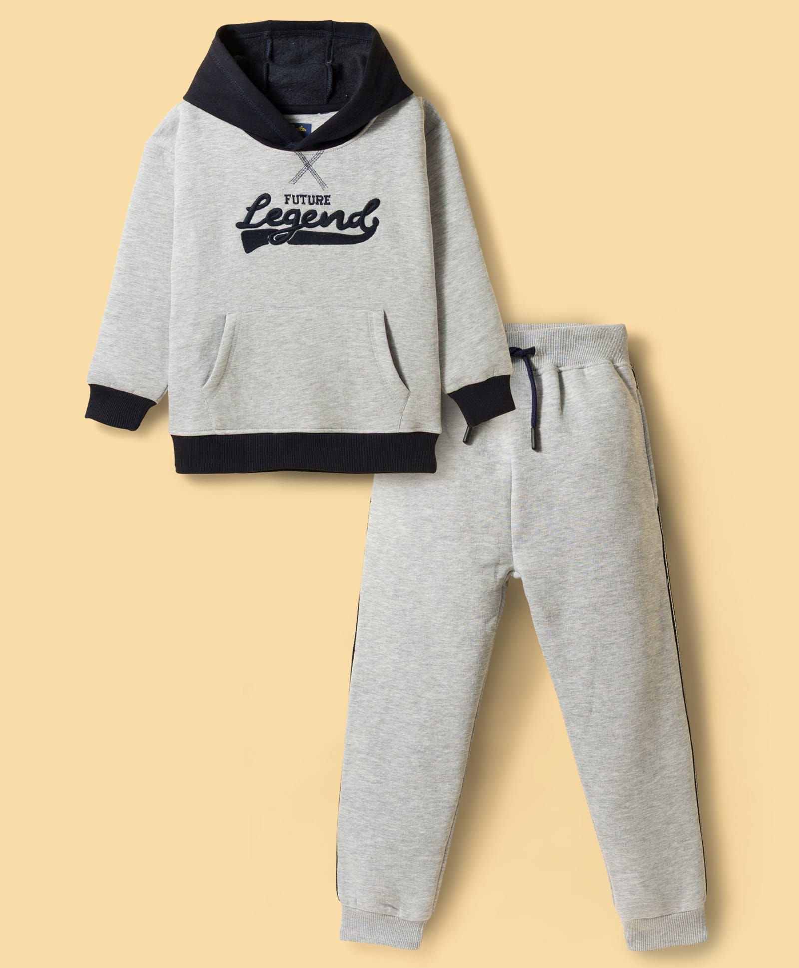 Pepito Fleece Knit Full Sleeves Winter Wear Hooded Sweatshirt & Lounge Pant Set With Future Legend Print - Light Grey & Black-picture-18