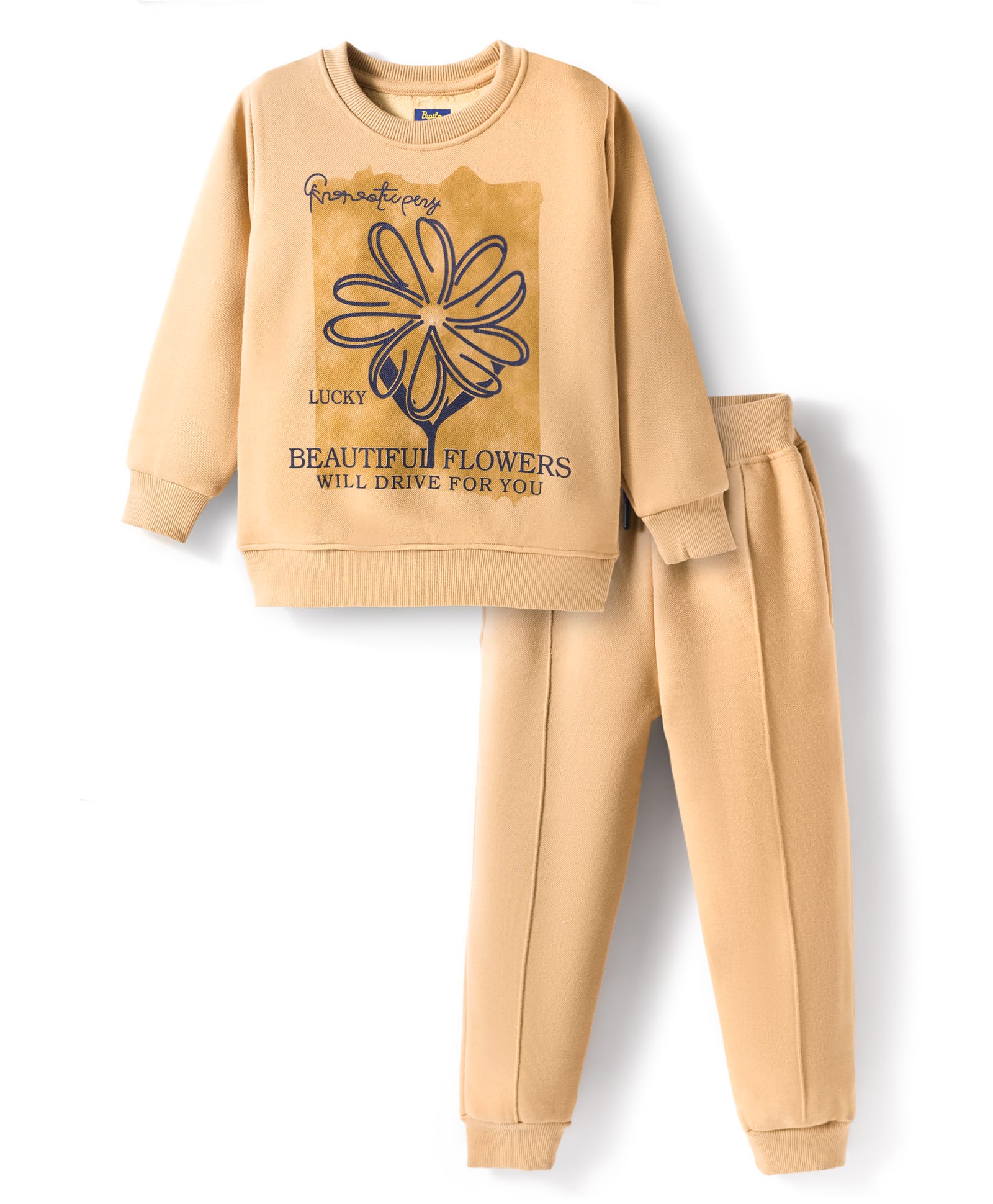 Pepito Fleece Knit Full Sleeves Winter Wear Suits Sweatshirt & Lounge Pant Set With Floral Print - Beige-picture-12