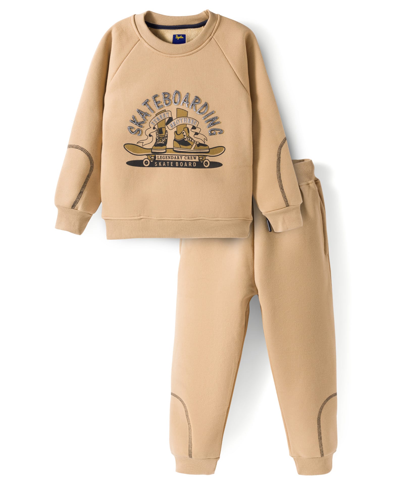 Pepito Fleece Knit Full Raglan Sleeves Winter Wear Suits Sweatshirt & Lounge Pant Set With Skateboard Print - Beige-picture-22