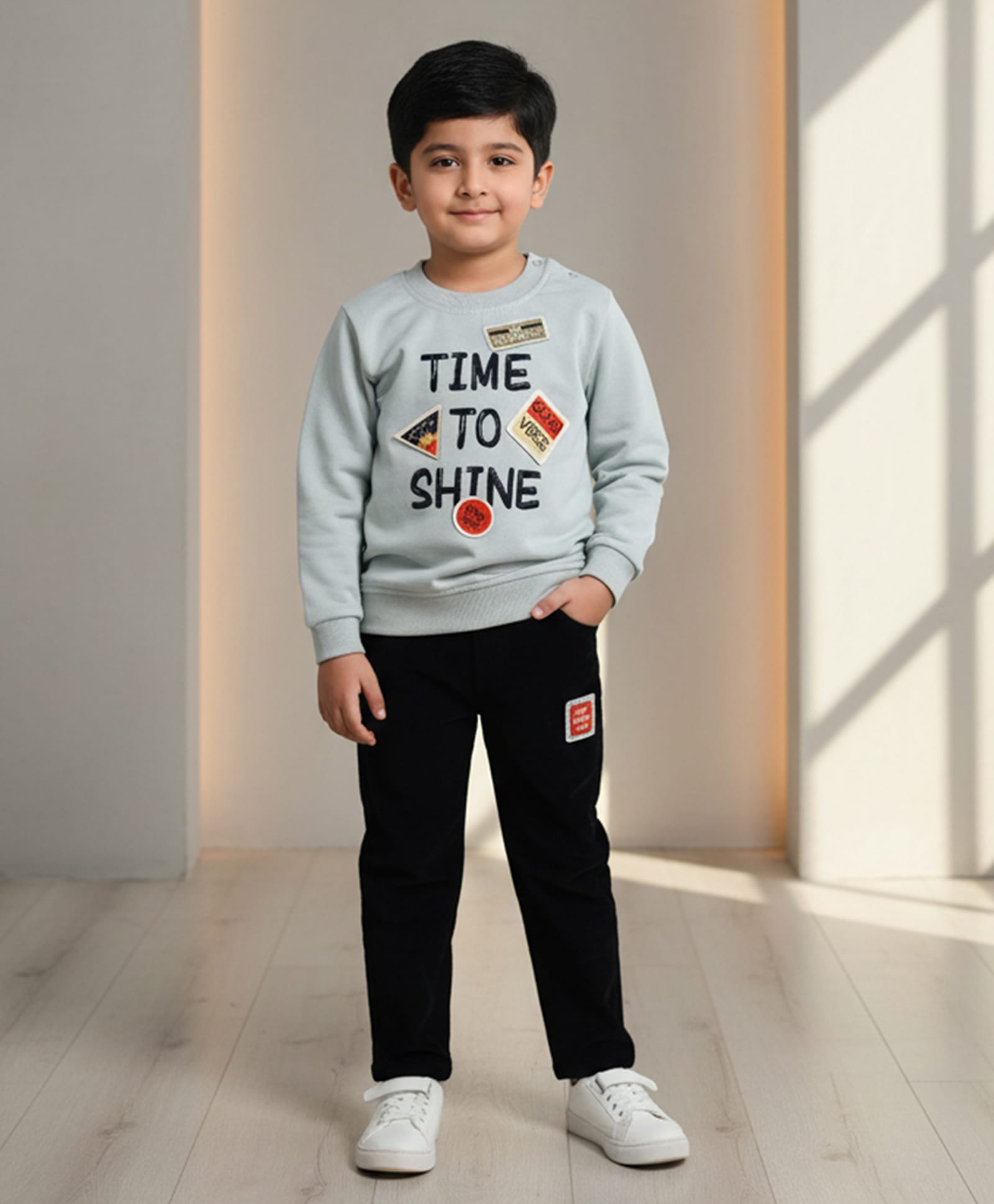 DOLLAR Cotton Blend Knit Full Sleeves Time To Shine Text Printed Winter Sweatshirt & Jeans Set - Grey & Black-image-11
