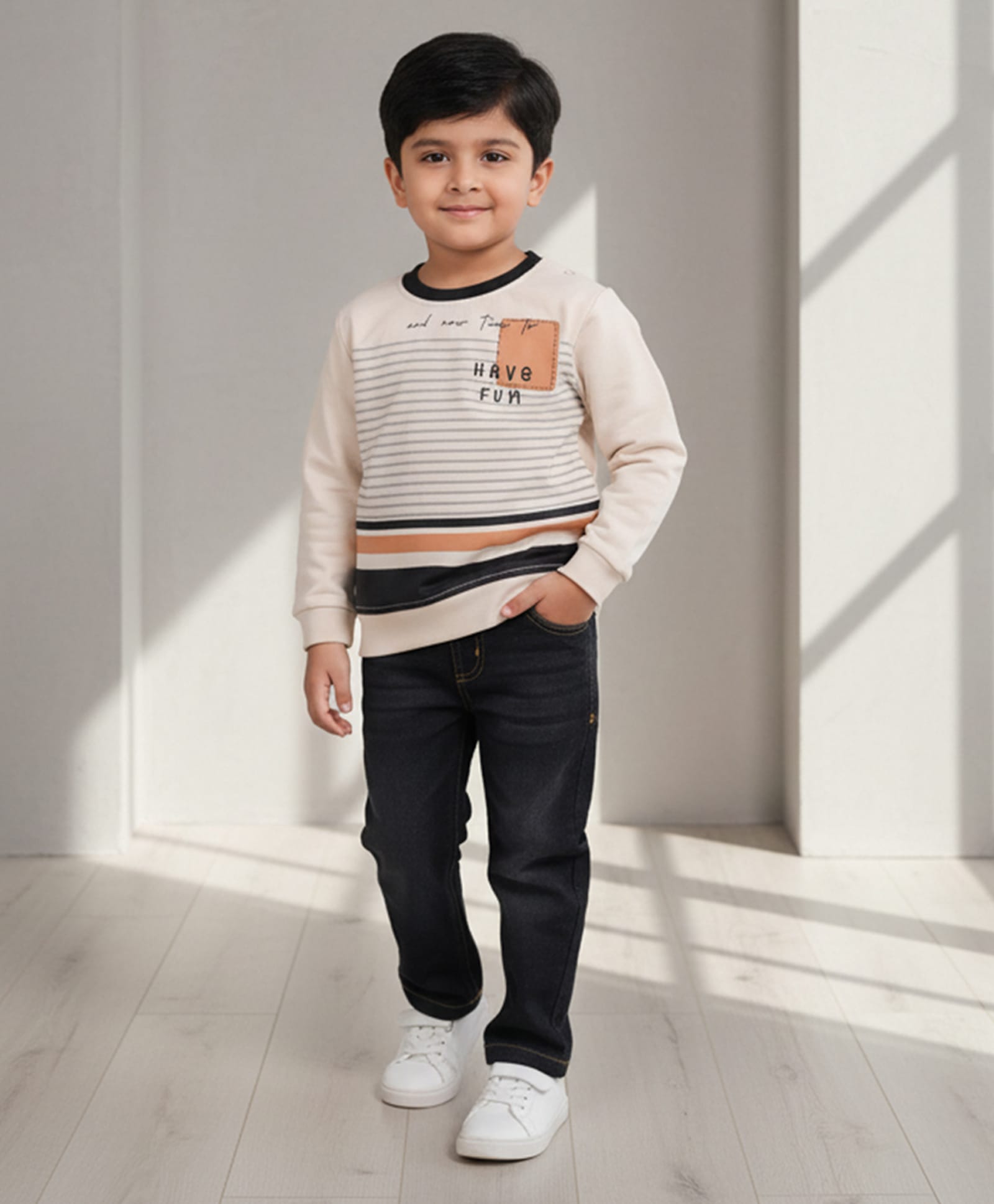 DOLLAR Cotton Blend Knit Full Sleeves Striped Have Fun Text Printed Winter Sweatshirt & Jeans Set - Beige-image-47