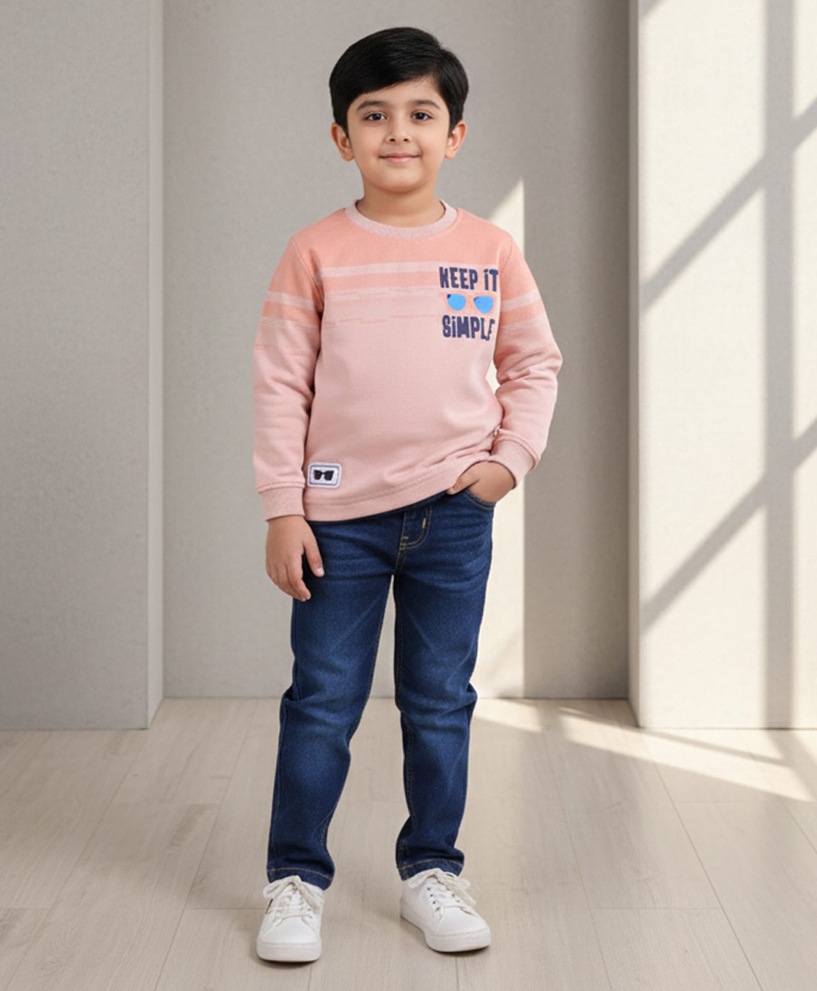 DOLLAR Cotton Blend Knit Full Sleeves Keep It Simple Text Printed Winter Sweatshirt & Jeans Set - Peach-image-44