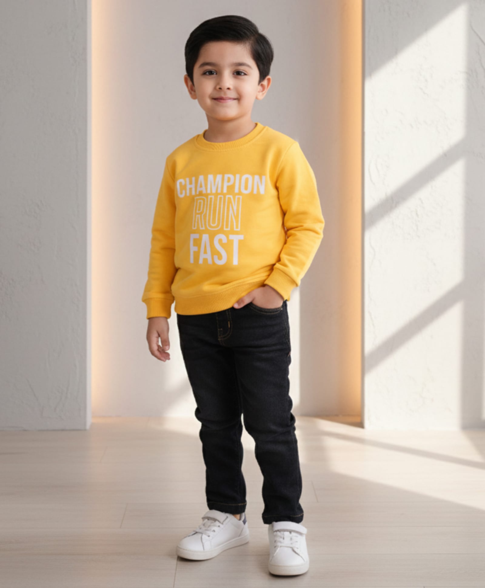 DOLLAR Cotton Blend Knit Full Sleeves Champion Run Fast Text Printed Winter Sweatshirt & Jeans Set - Yellow-image-48