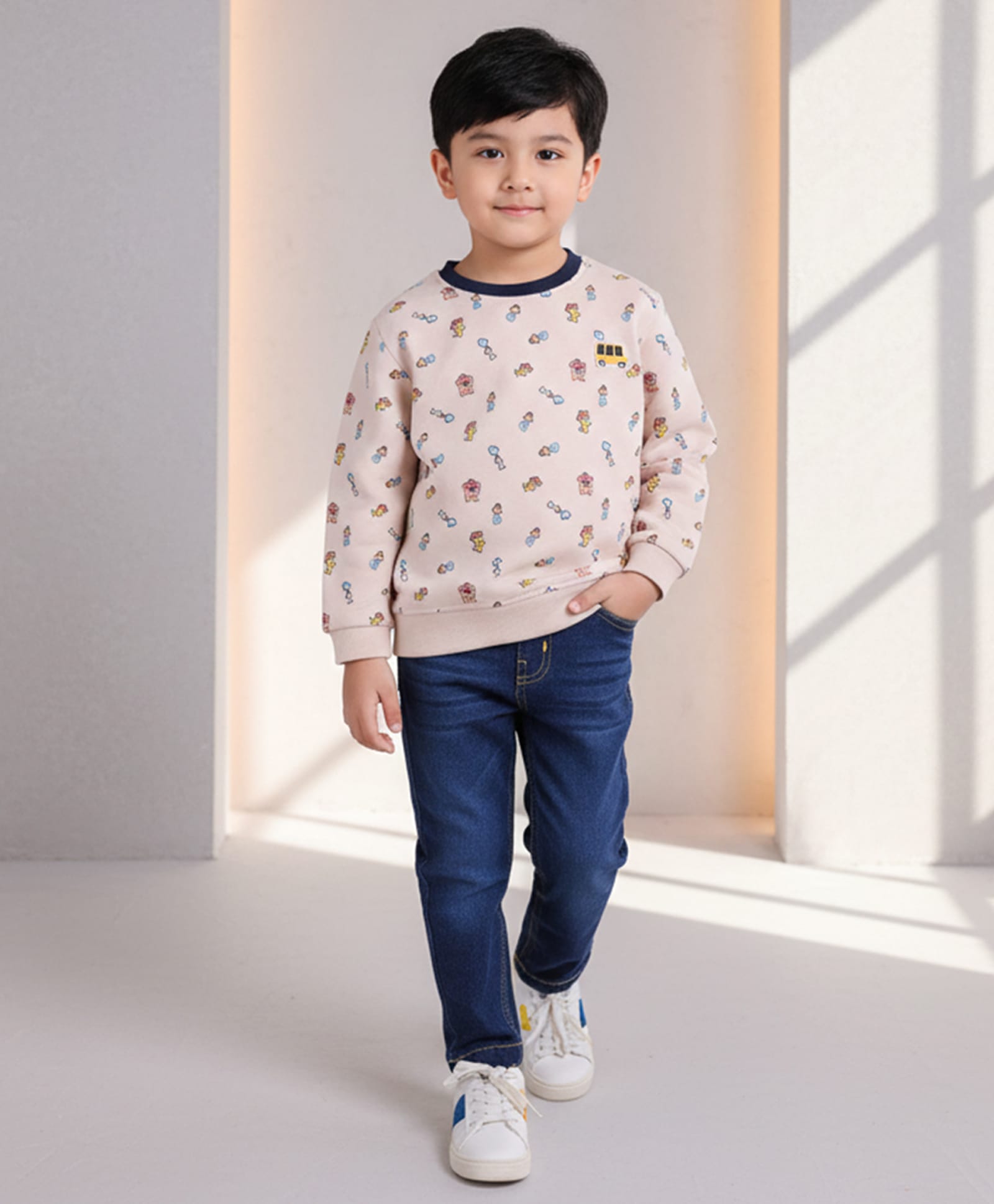 DOLLAR Cotton Blend Knit Full Sleeves Alphabets Printed Winter Sweatshirt & Jeans Set - Beige-image-45