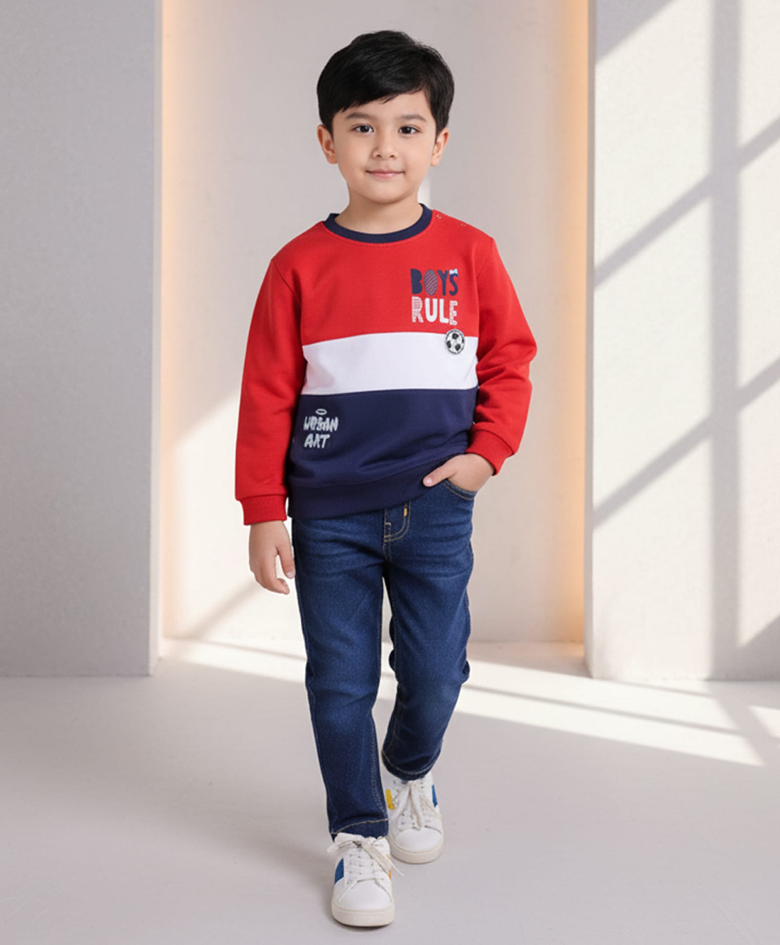 DOLLAR Cotton Blend Knit Full Sleeves Boys Rule Text Printed Winter Sweatshirt & Jeans Set - Red & Denim-image-4