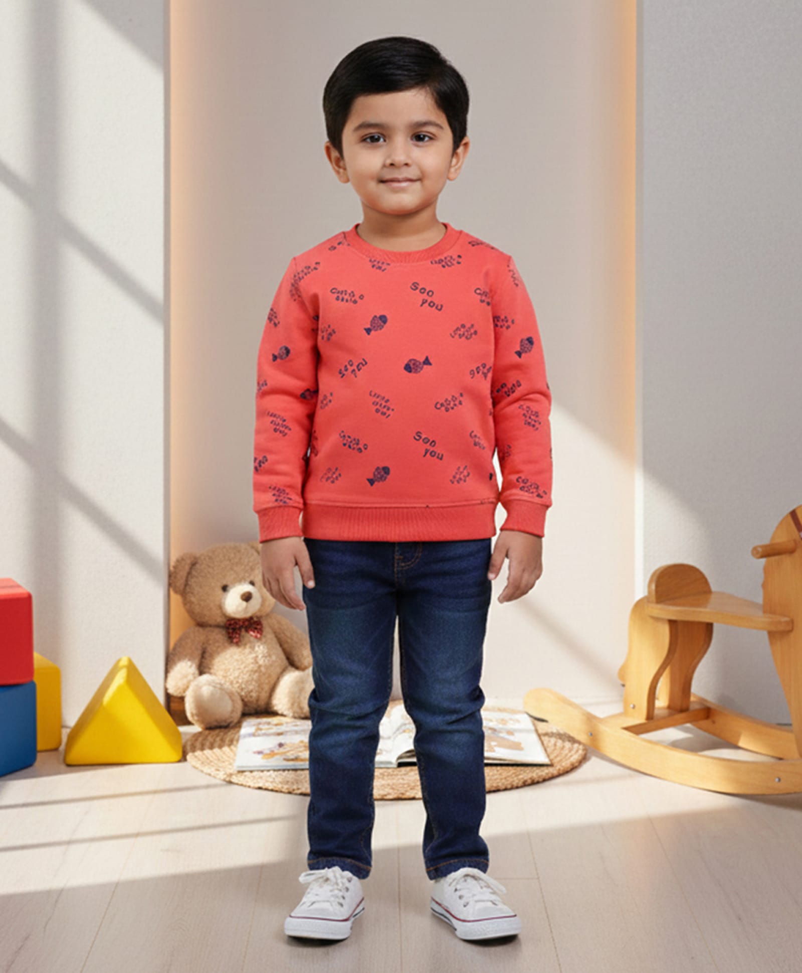 DOLLAR Cotton Blend Knit Full Sleeves Sea You Text Printed Winter Sweatshirt & Pant Set - Red & Denim-image-46