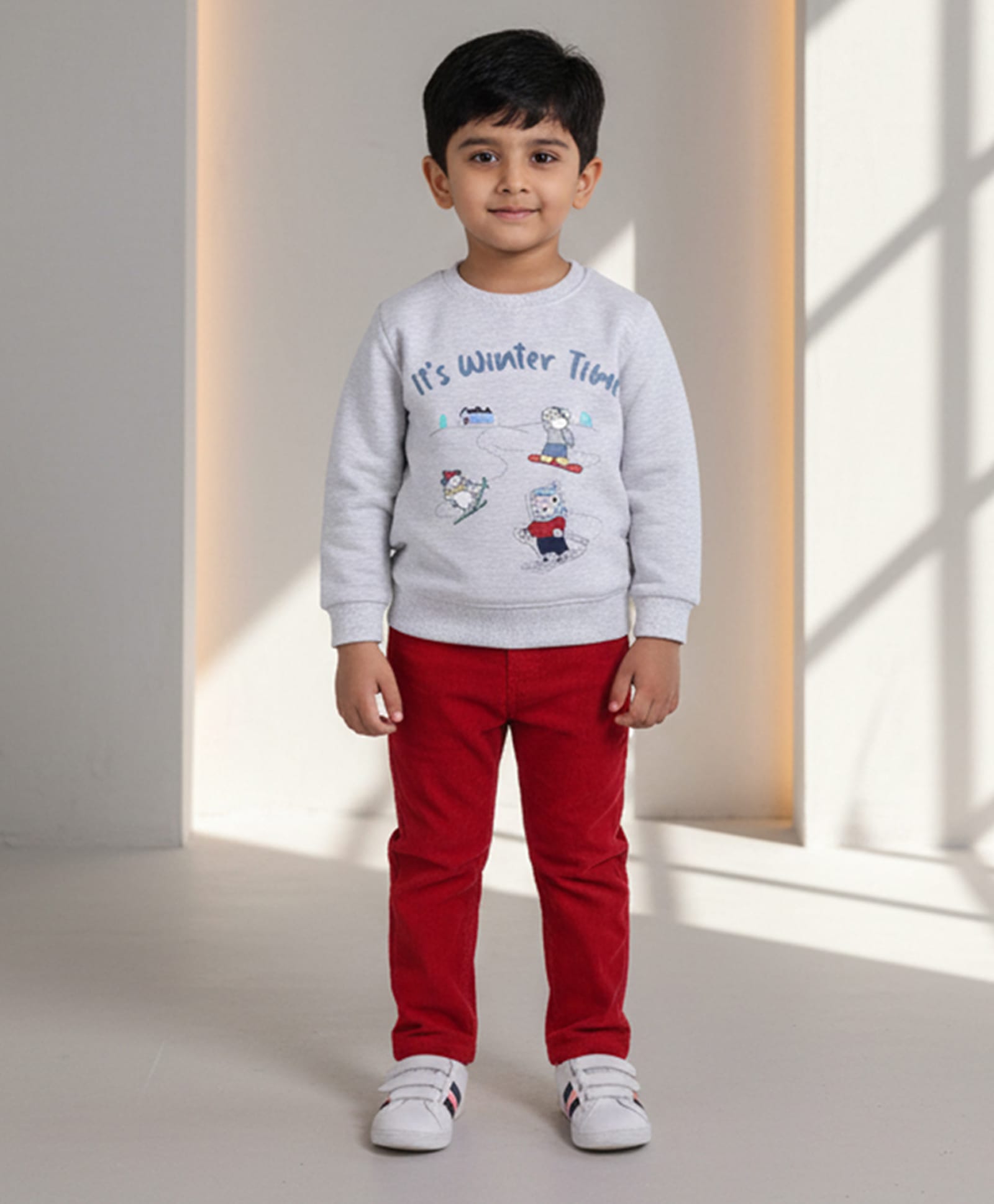 DOLLAR Cotton Blend Knit Full Sleeves Winter Time Text Printed Winter Sweatshirt & Pant Set - Grey & Red-image-43