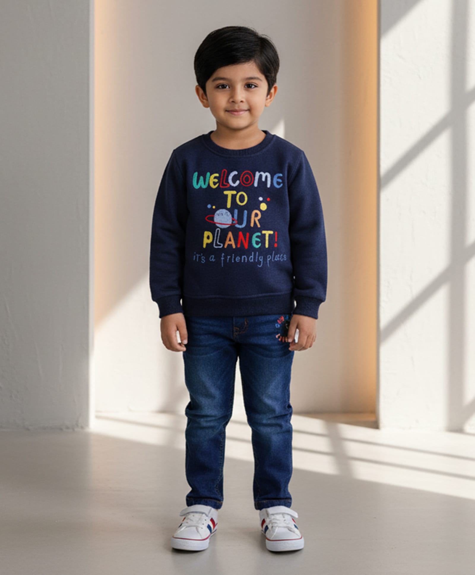 DOLLAR Cotton Blend Knit Full Sleeves Welcome To Our Planet Text Embroidered Winter Sweatshirt & Jeans Set - Dark Blue & Denim-image-47