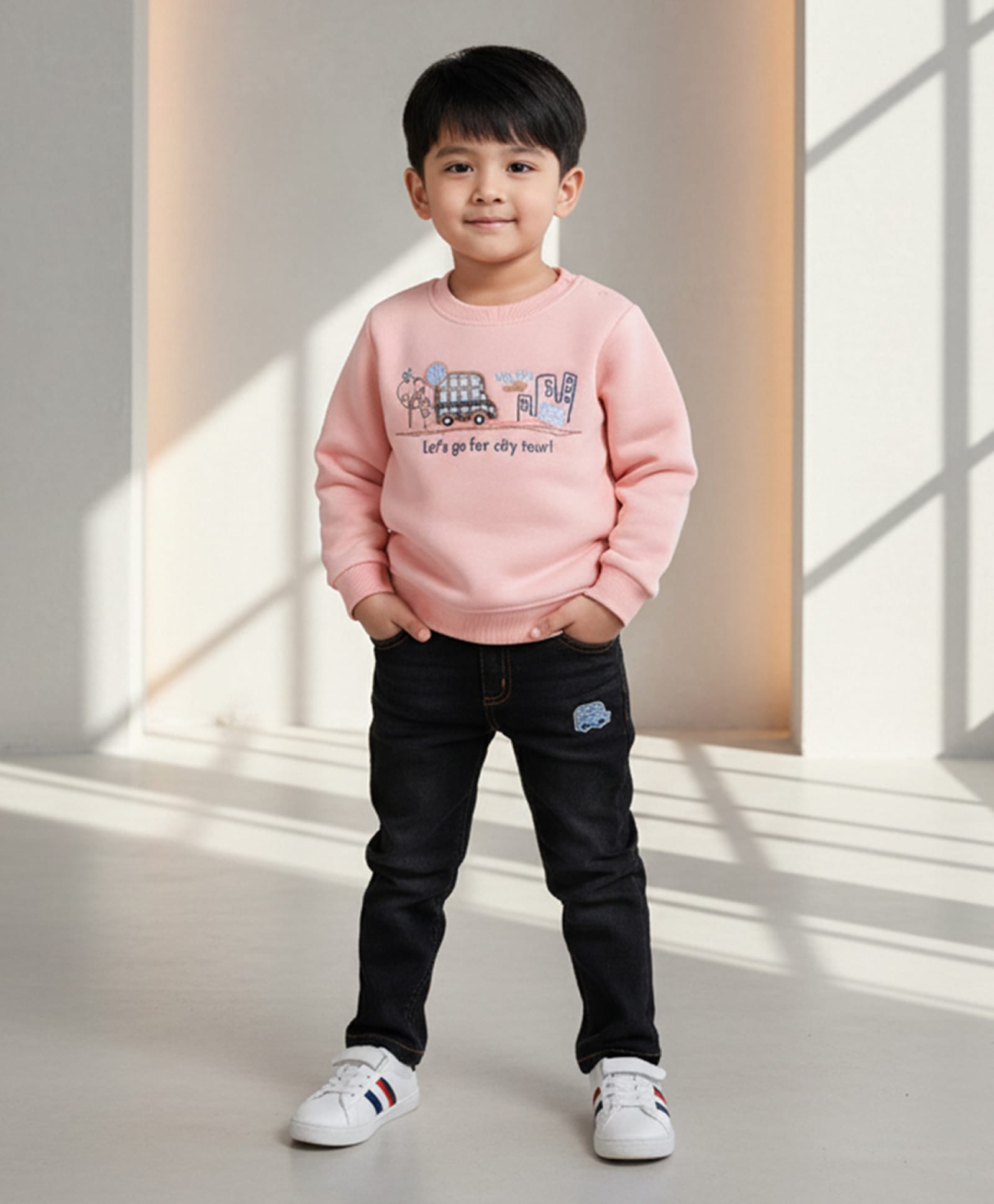 DOLLAR Cotton Blend Knit Full Sleeves Bus & Typography Embroidered Winter Sweatshirt & Pants Set - Pink-image-1