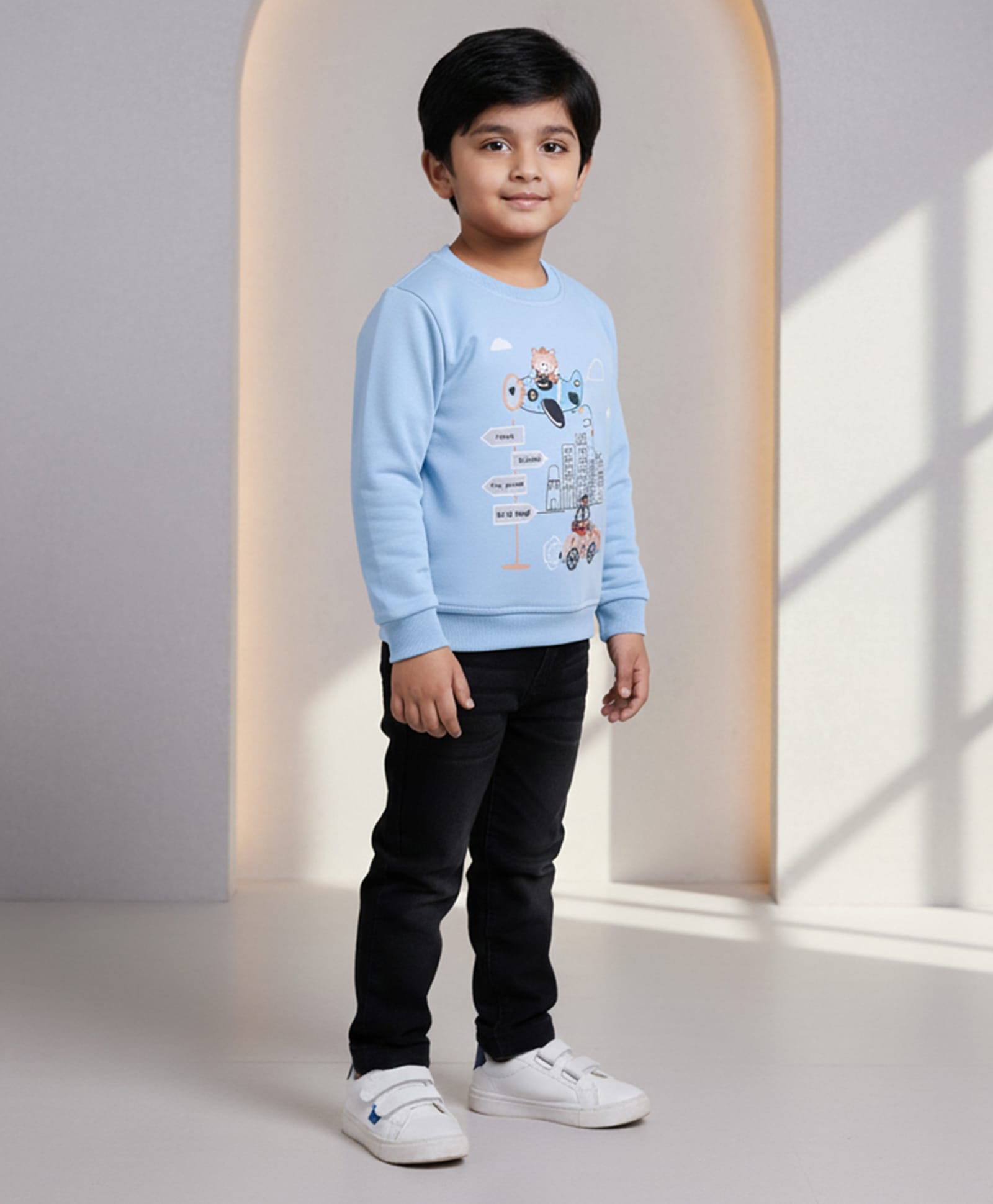 DOLLAR Cotton Blend Knit Full Sleeves Fox & Building Printed Winter Sweatshirt & Jeans Set - Sky Blue & Black-image-27