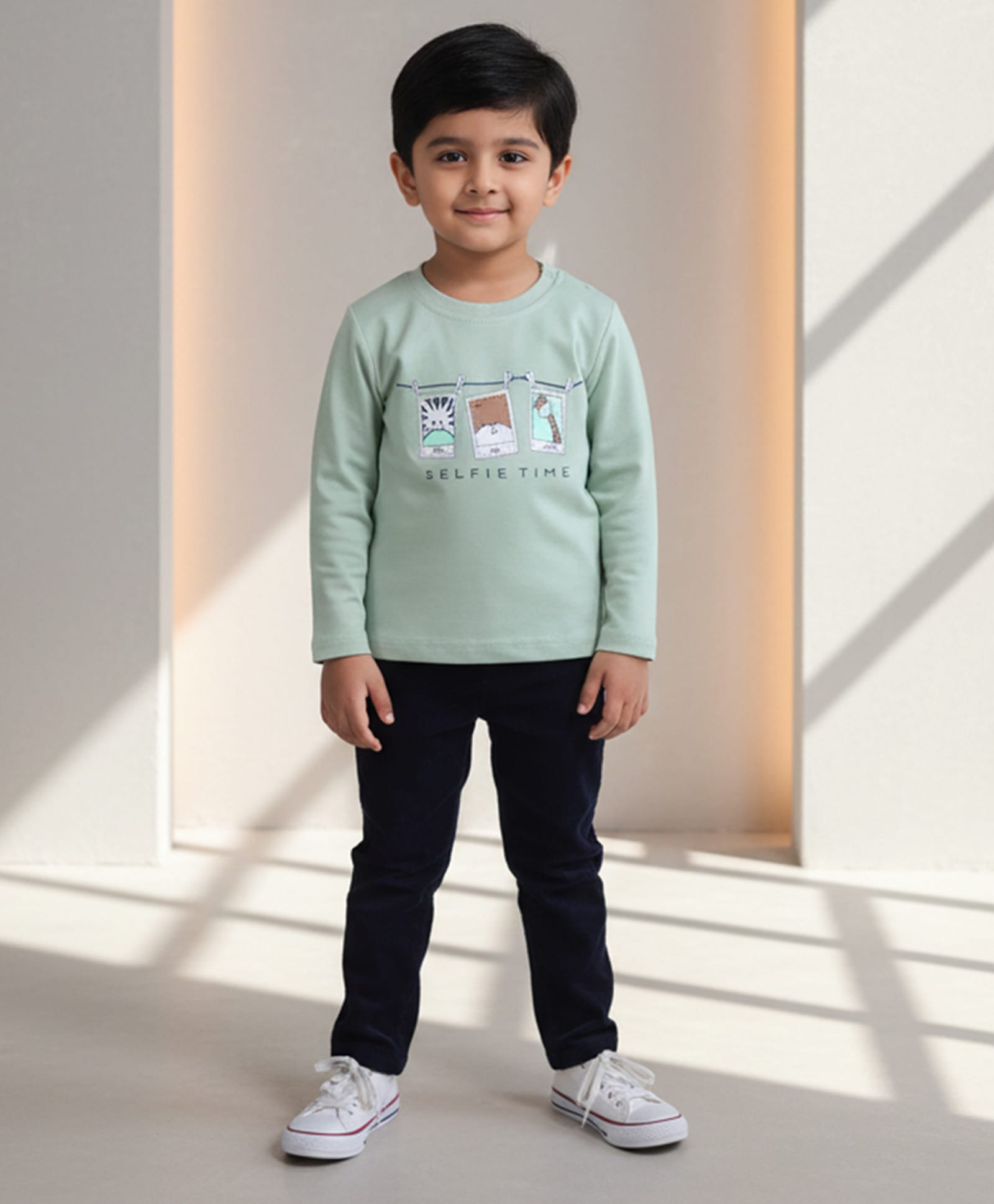 DOLLAR Cotton Blend Knit Full Sleeves Animal & Selfie Time Text Printed Winter Sweatshirt & Pants Set - Light Blue & Black-image-2
