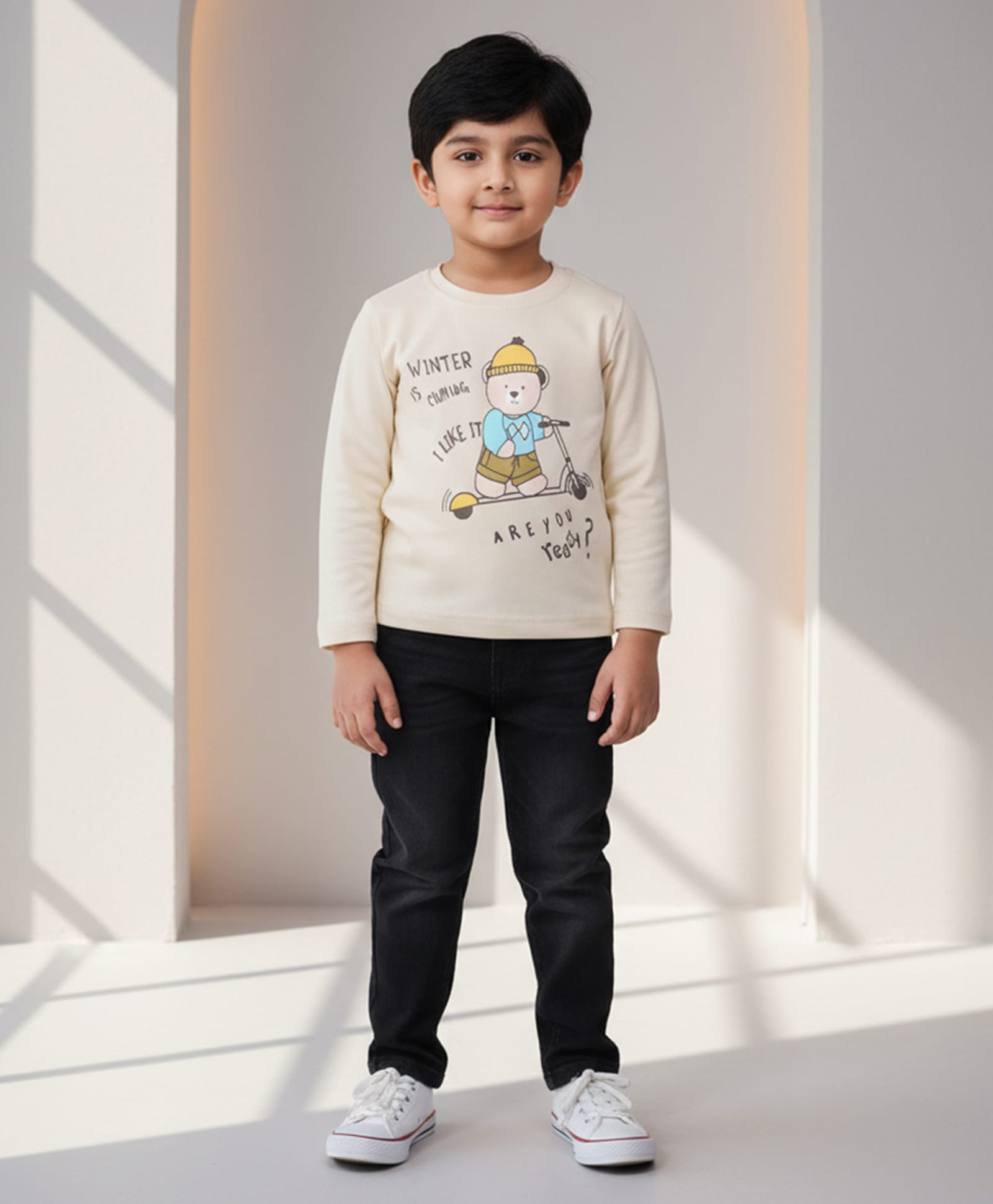 DOLLAR Cotton Blend Knit Full Sleeves Teddy Bear On Scooter Printed Winter Sweatshirt & Pant Set - Cream & Black-image-22
