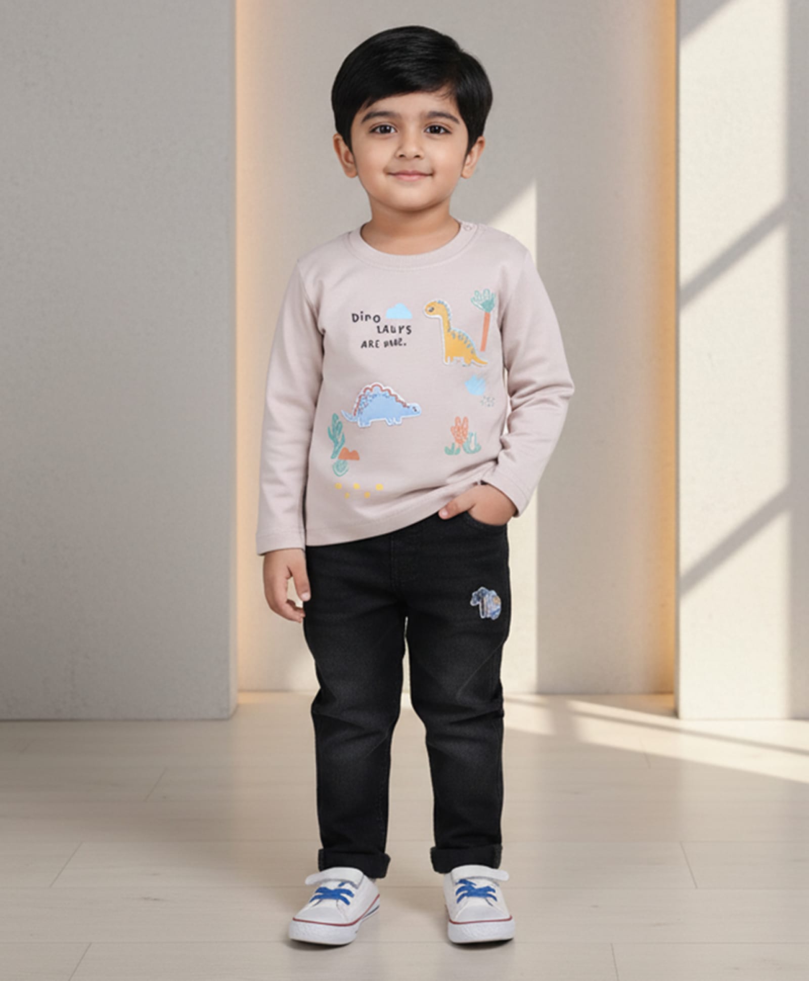 DOLLAR Cotton Blend Knit Full Sleeves Dinosaur Patch Detailed Winter Sweatshirt & Pant Set - Cream & Black-image-24