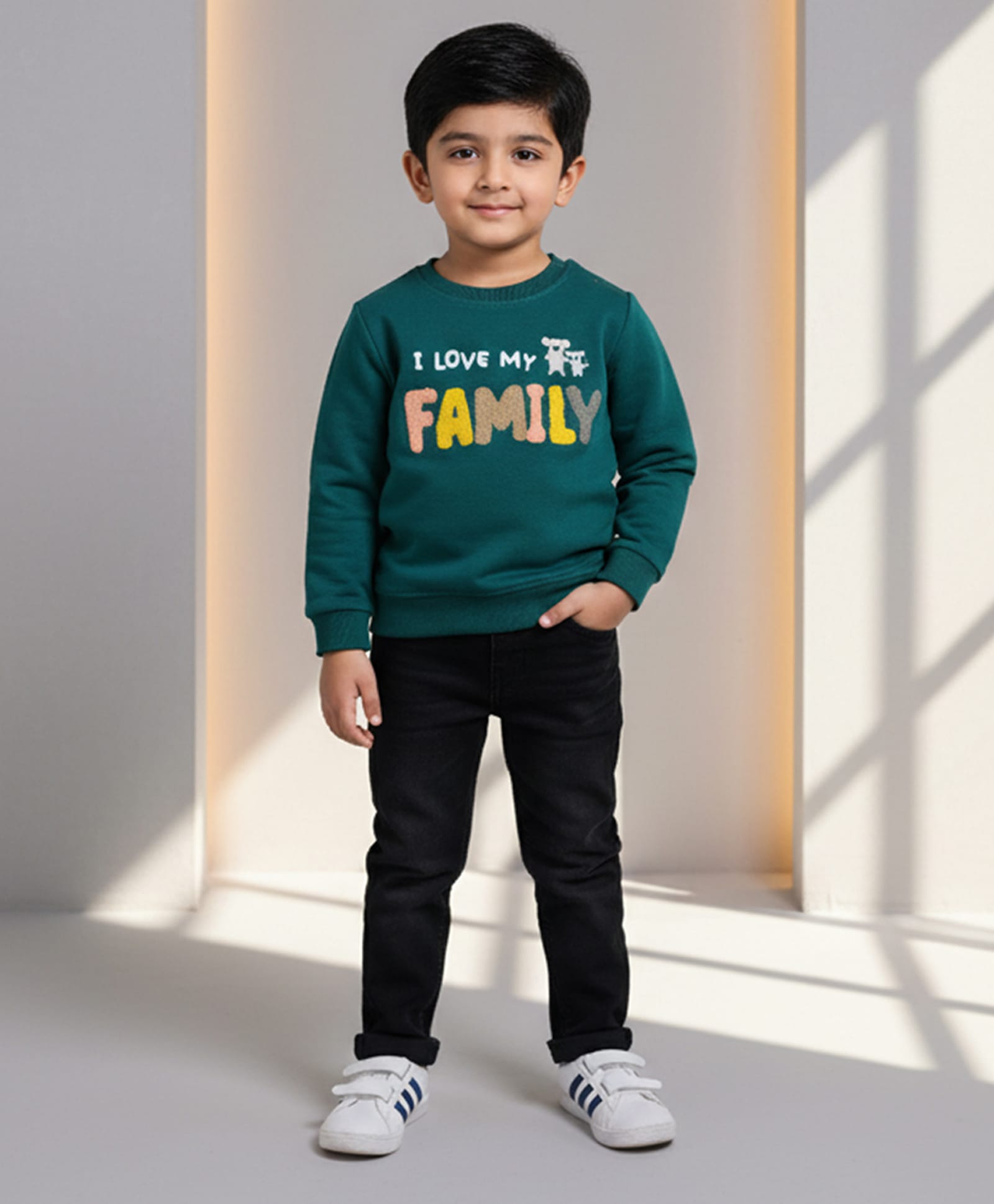 DOLLAR Cotton Blend Knit Full Sleeves I Love My Family Text Printed Winter Sweatshirt & Pant Set - Dark Green & Black-image-18