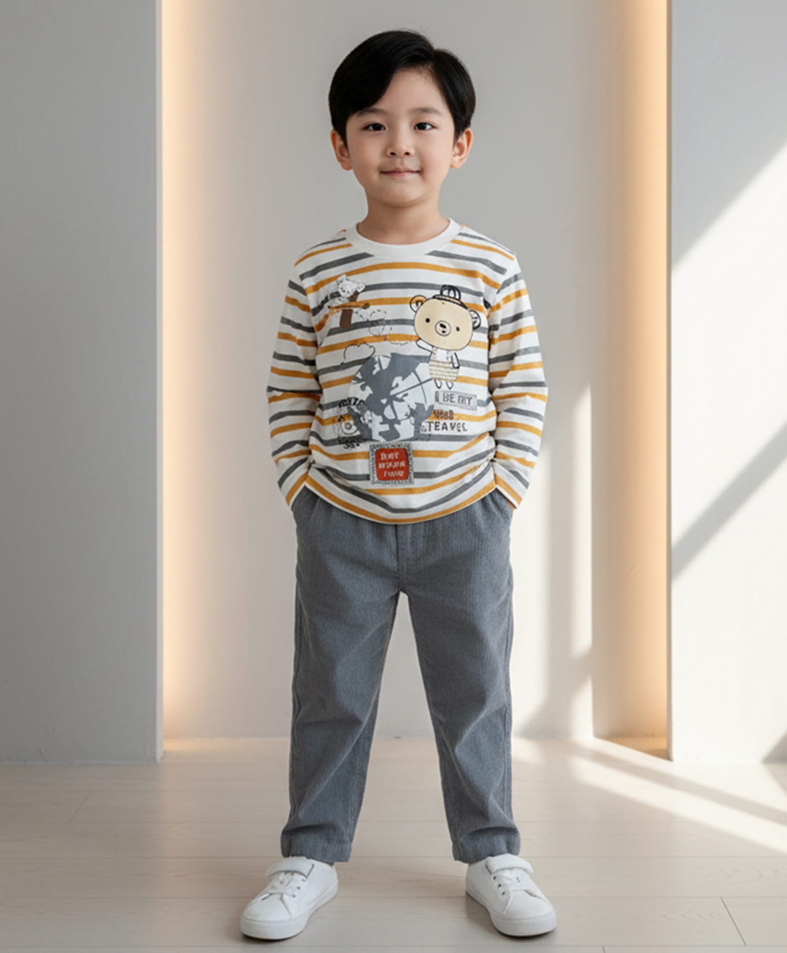 DOLLAR Cotton Blend Knit Full Sleeves Striped & Teddy Bear Printed Winter Sweatshirt & Pant Set - Grey & Dark Grey-image-30