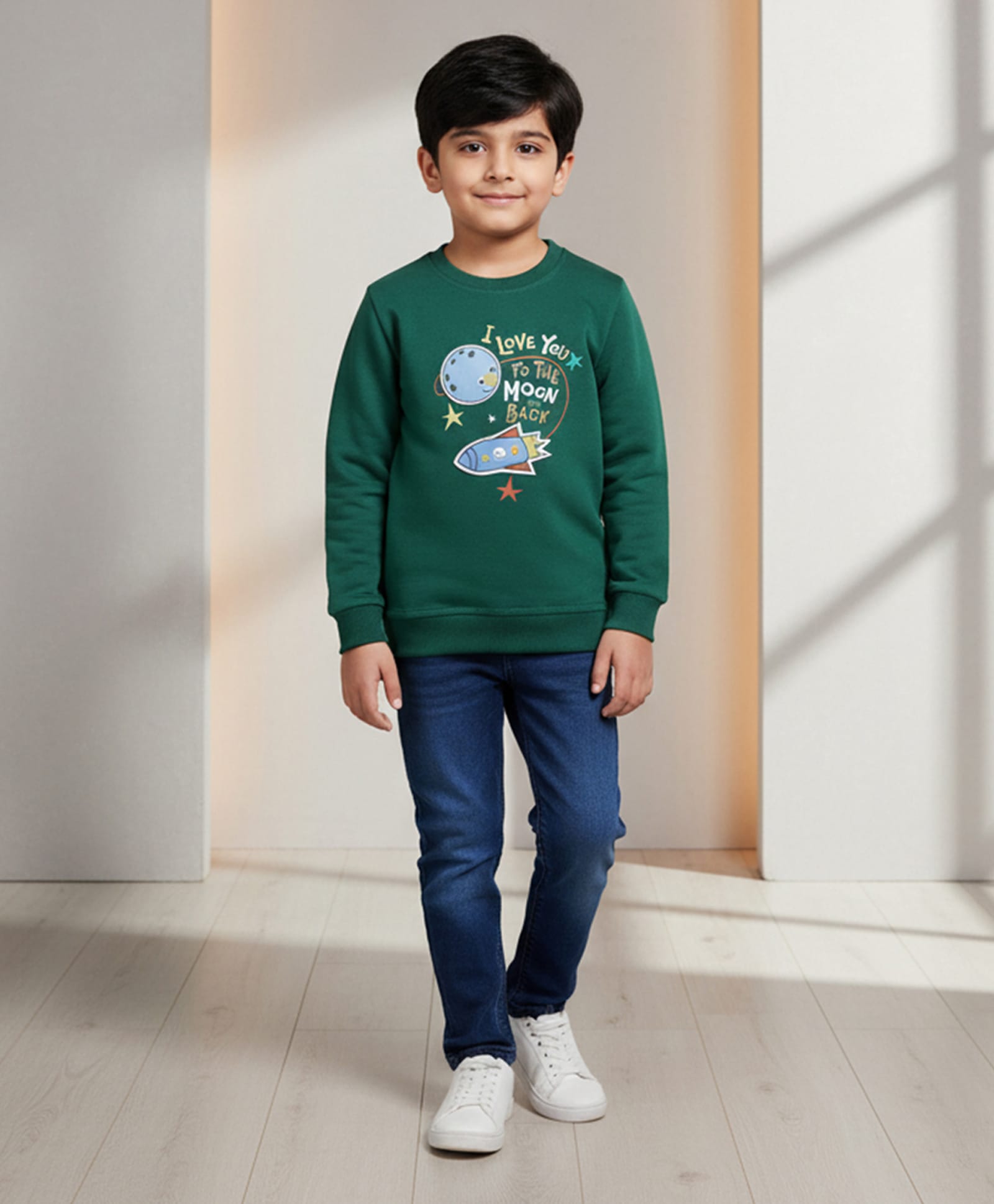 DOLLAR Cotton Blend Knit Full Sleeves I Love You To The Moon & Back Text Printed Winter Sweatshirt & Pants Set - Dark Green-image-37