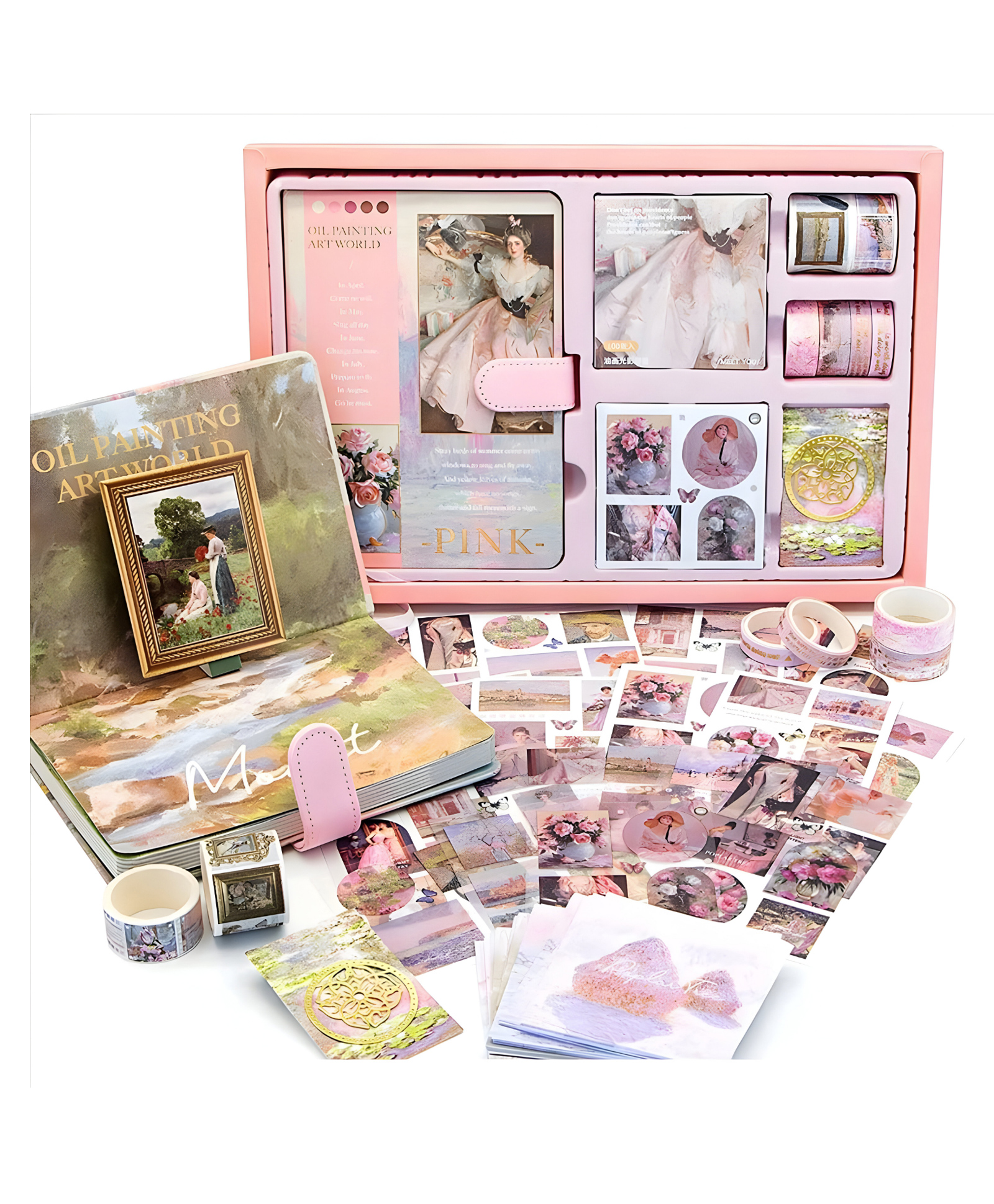 SCHOOLISH Oil Painting Art World Scrapbook Journaling Kit with B6 Notebook, Washi Tapes, Pet Stickers, 196 Full Color Pages, DIY Craft Set- PACK OF 1- COLOR MAY VARY-image-4