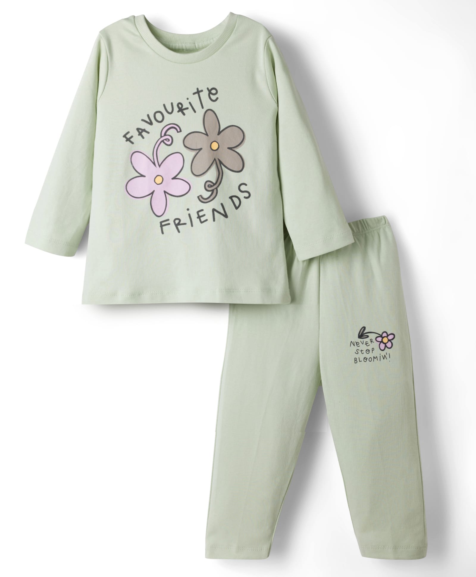 Pink Rabbit Single Jersey Knit Full Sleeves T-Shirt & Lounge Pant Set With Floral Print - Light Green-picture-29