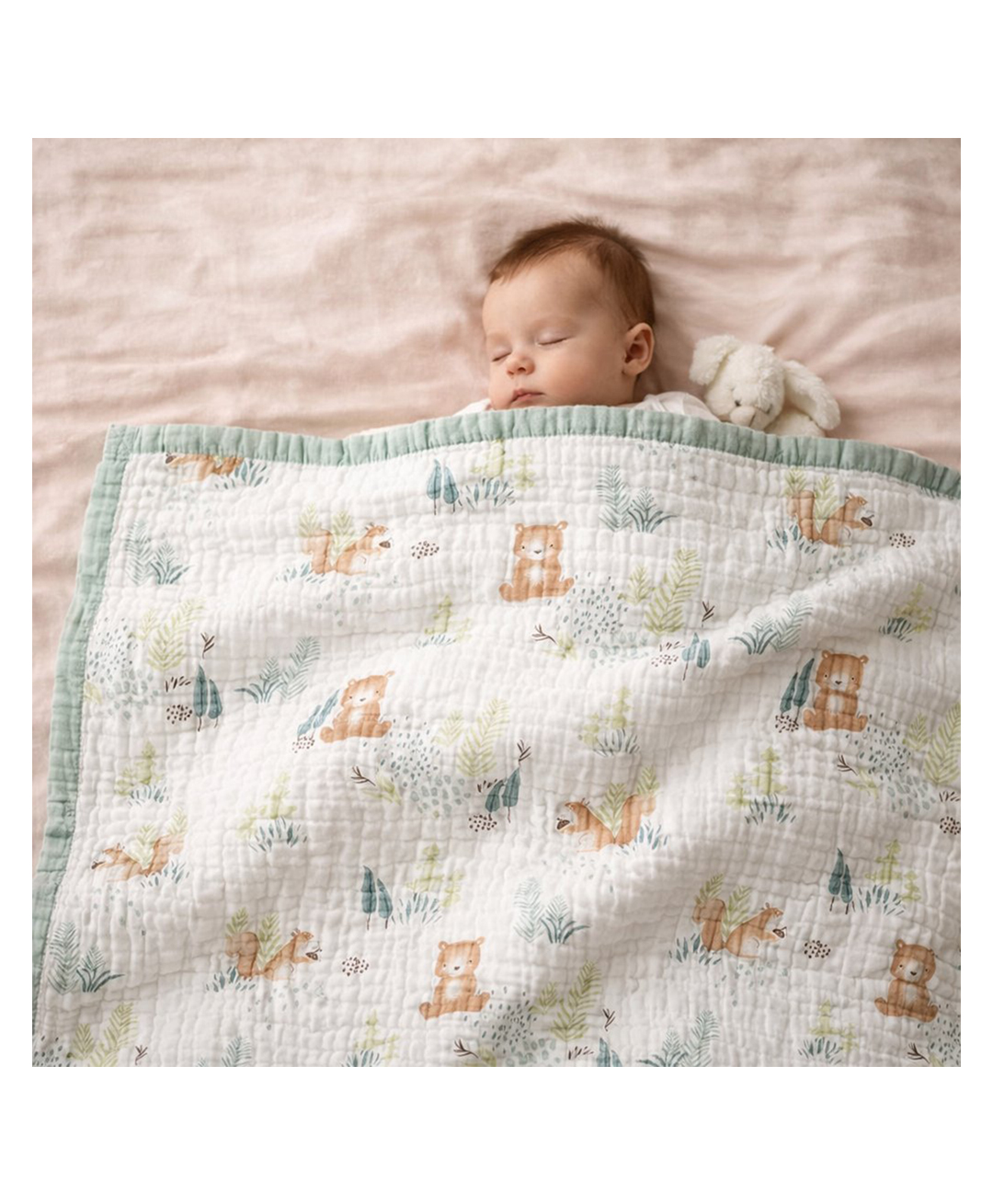 Honor Your Home Organic Cotton Super Soft Absorbent Muslin 6 Layer Blanket - Rabbit Print - Green-image-43