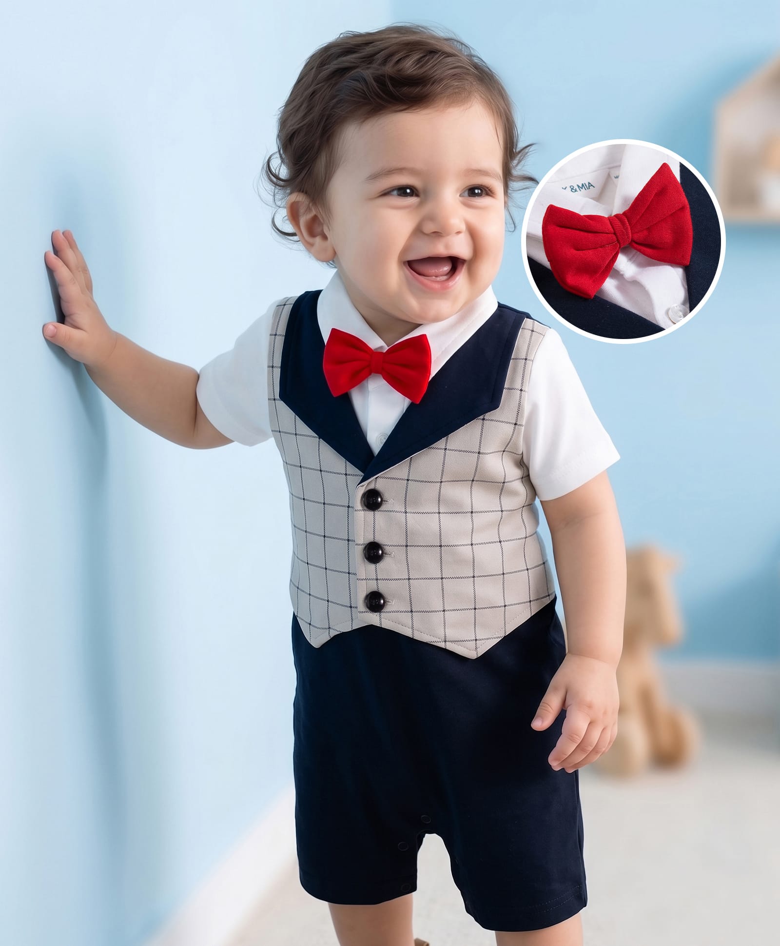 Mark & Mia Cotton Knit Half Sleeves Checkered Party Romper with Bow - Multicolor-image-12