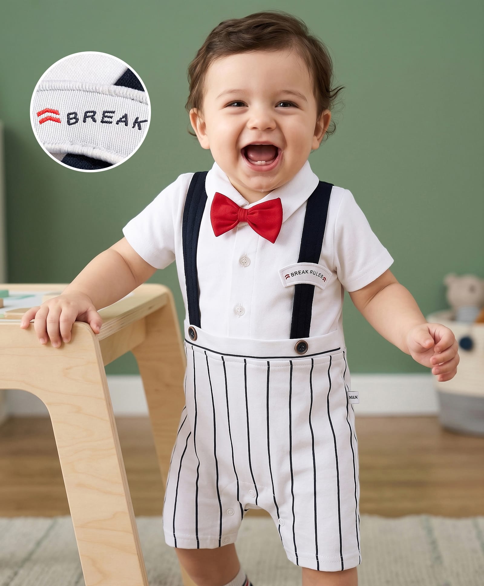 Mark & Mia Cotton Knit Half Sleeves Striped Romper With Bow & Suspender Detailing - Multicolour-image-7